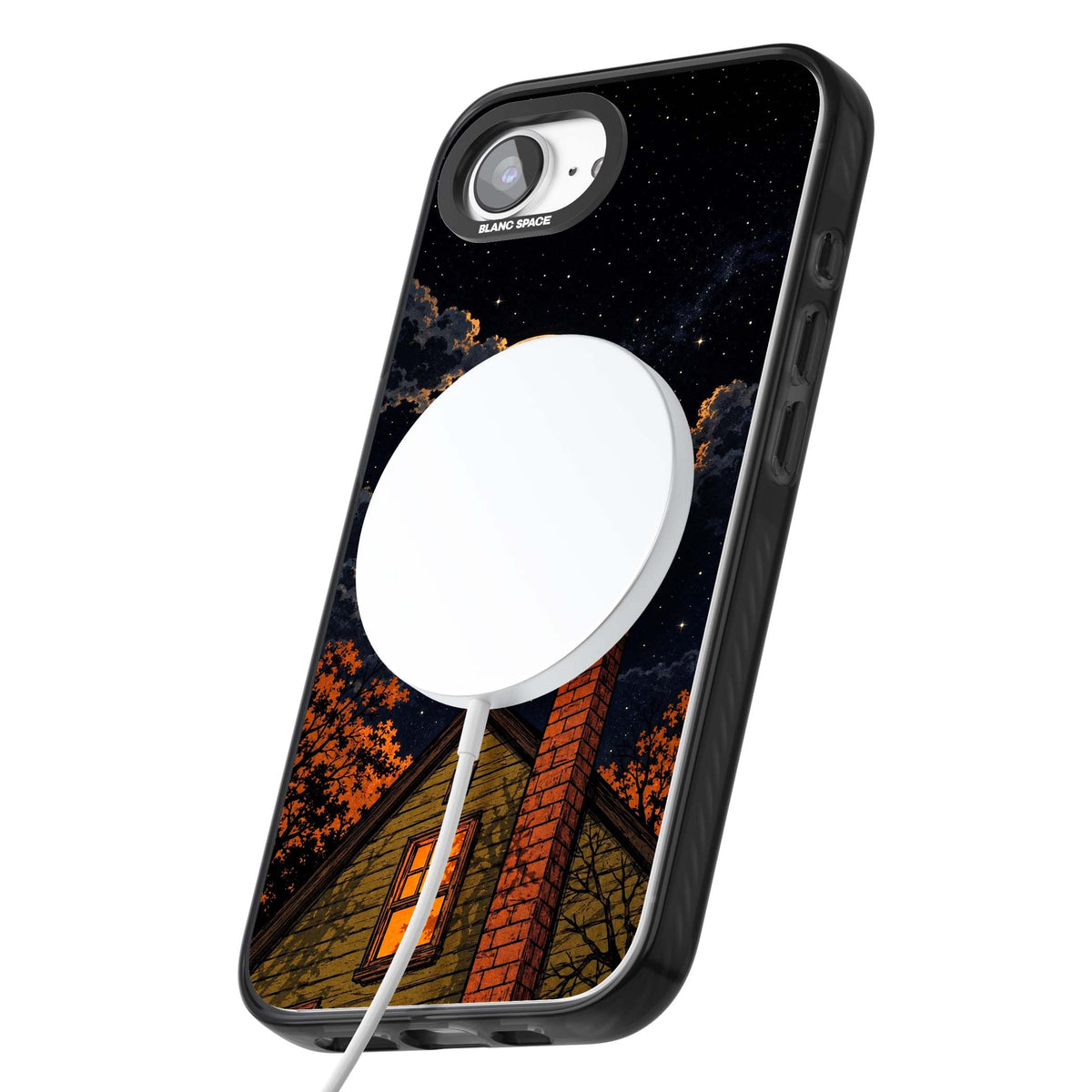 Hollows Eve Halloween iPhone case featuring a haunted house, full moon and flying bats against a starry autumn sky | Black Impact Magsafe case for iPhone 16e, iPhone 17e
