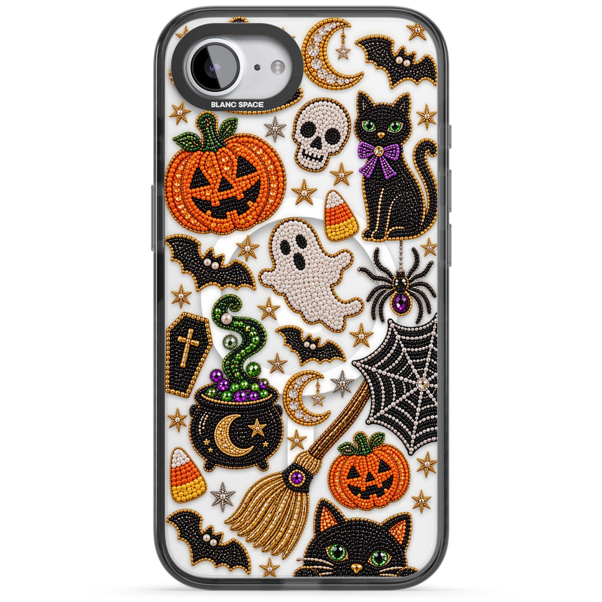 Beaded Halloween Halloween iPhone case featuring beaded pumpkins, ghosts, black cats and bats | Black Impact Magsafe case for iPhone 16e, iPhone 17e