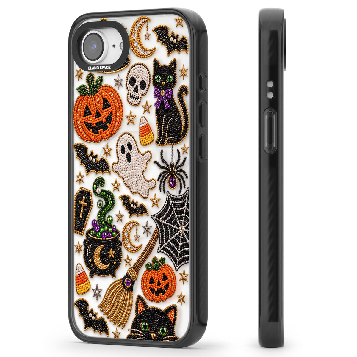 Beaded Halloween Halloween iPhone case featuring beaded pumpkins, ghosts, black cats and bats | Black Impact Magsafe case for iPhone 16e, iPhone 17e