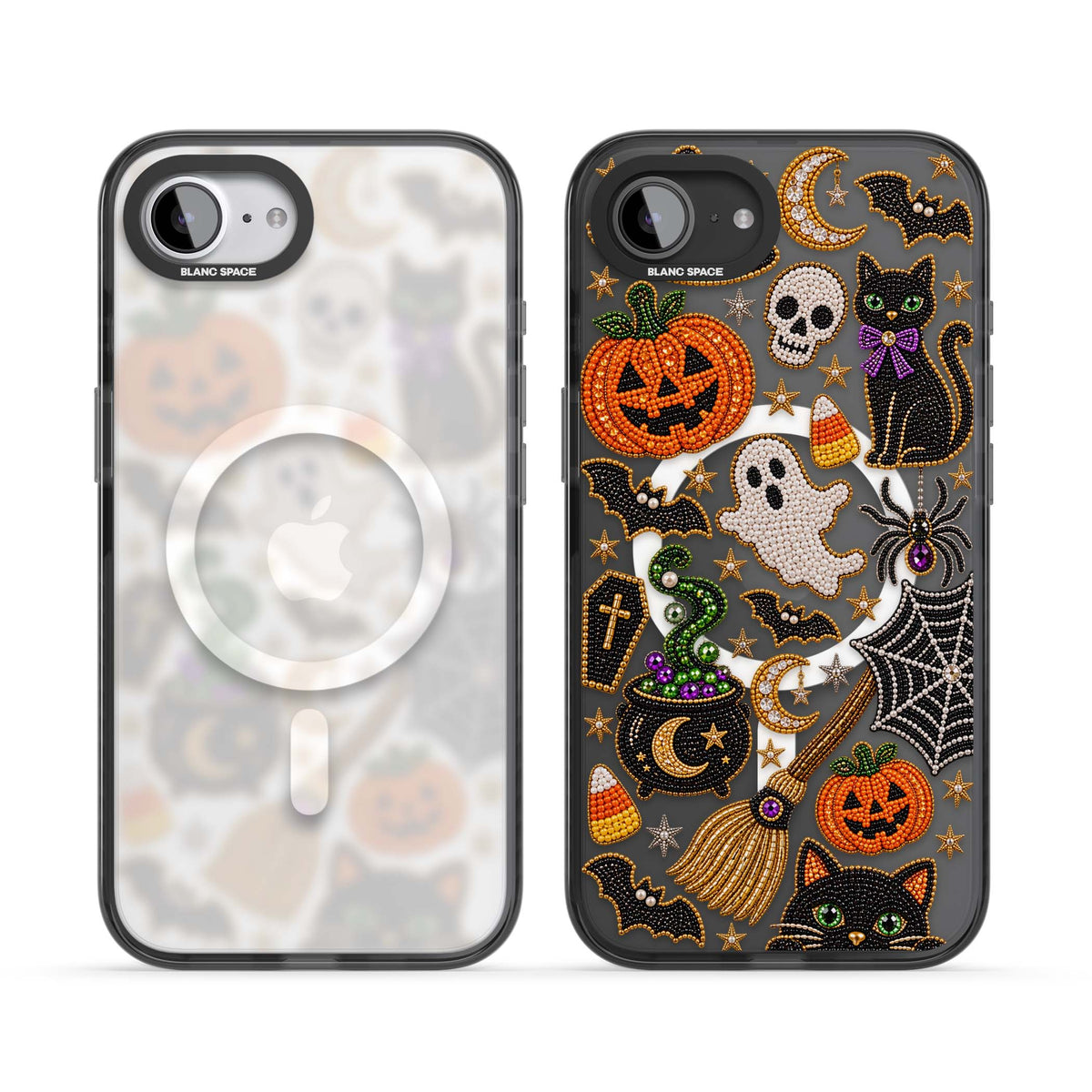 Beaded Halloween Halloween iPhone case featuring beaded pumpkins, ghosts, black cats and bats | Black Impact Magsafe case for iPhone 16e, iPhone 17e