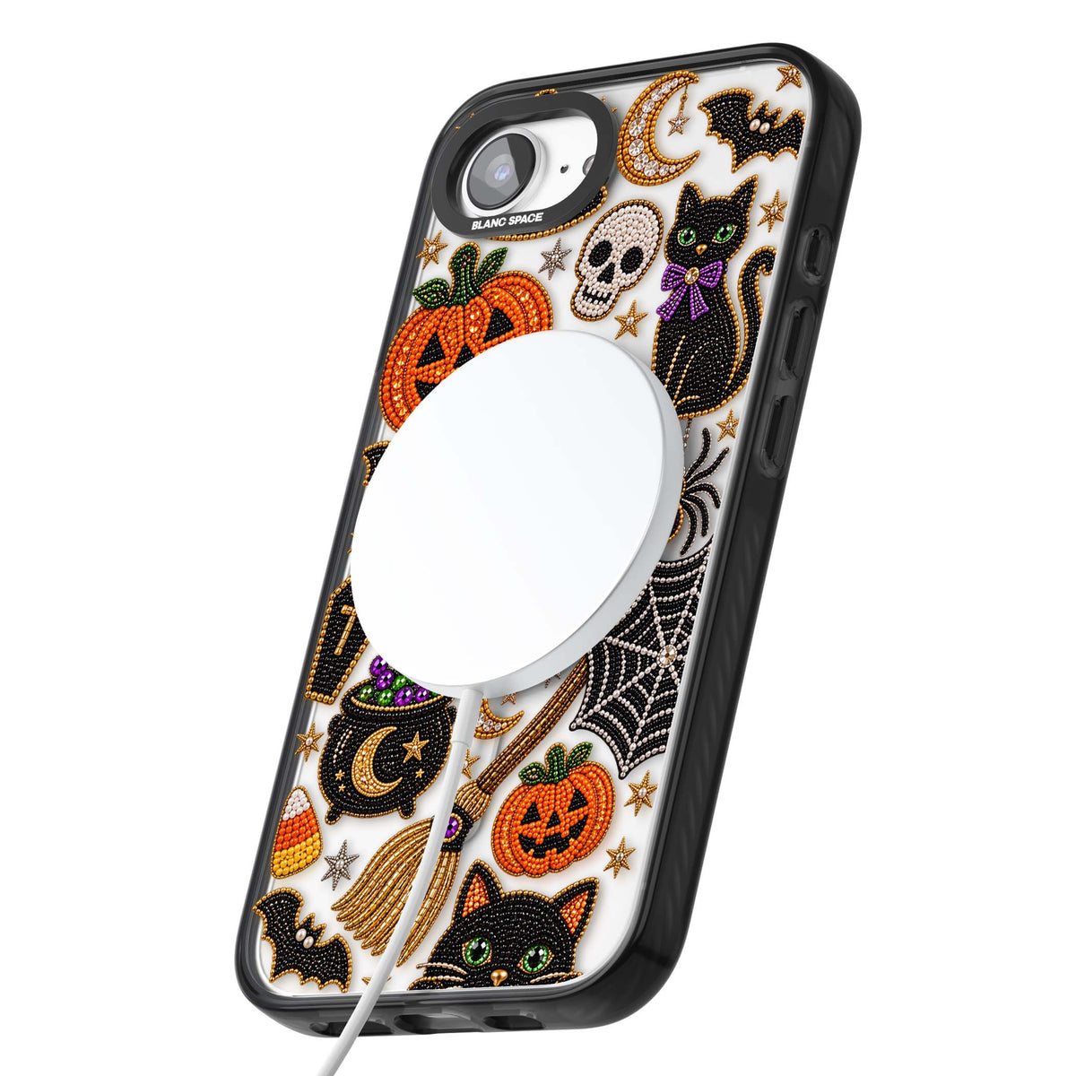 Beaded Halloween Halloween iPhone case featuring beaded pumpkins, ghosts, black cats and bats | Black Impact Magsafe case for iPhone 16e, iPhone 17e