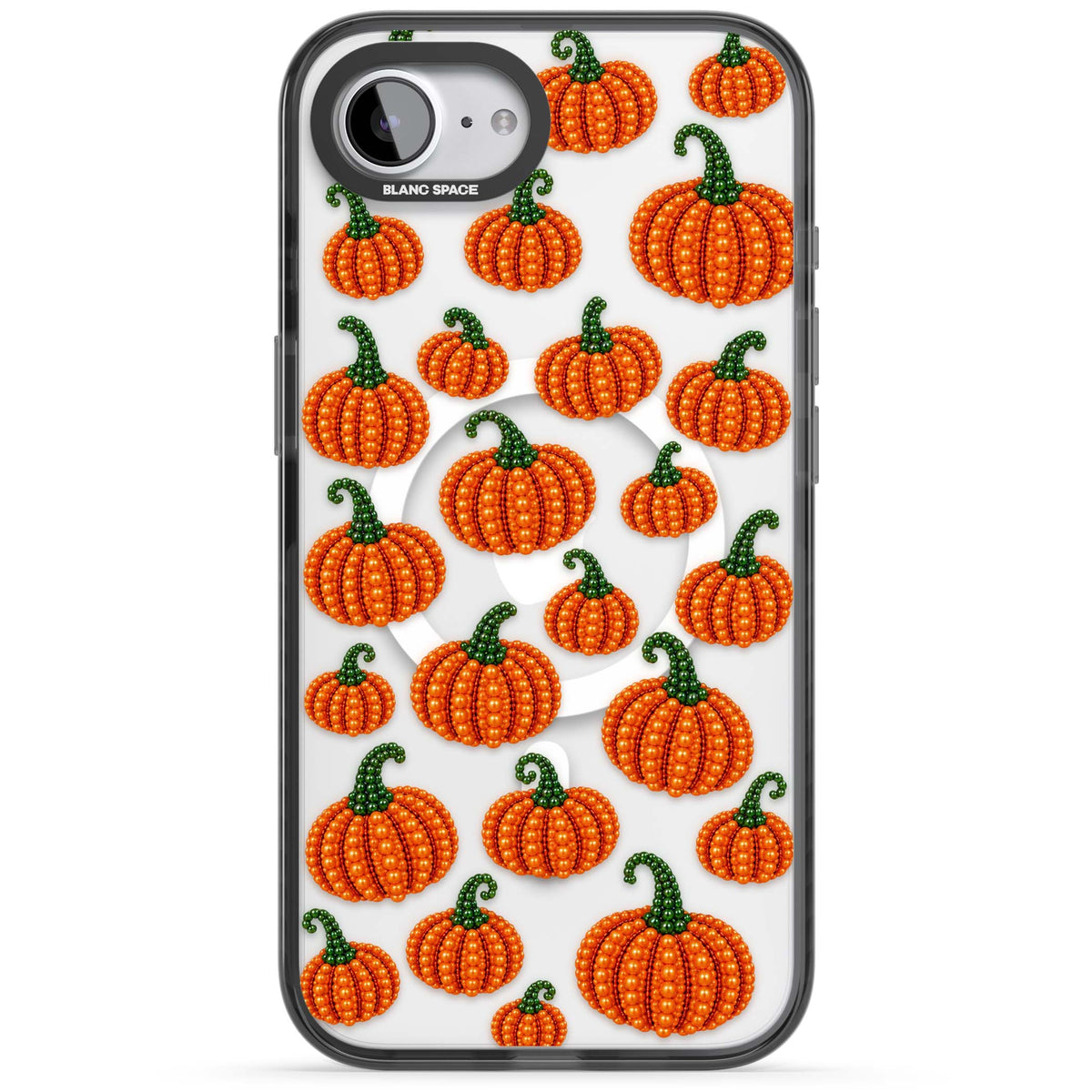 Beaded Pumpkins halloween iPhone case featuring beaded orange pumpkins with green stems on a clear background | Black Impact Magsafe case for iPhone 16e, iPhone 17e