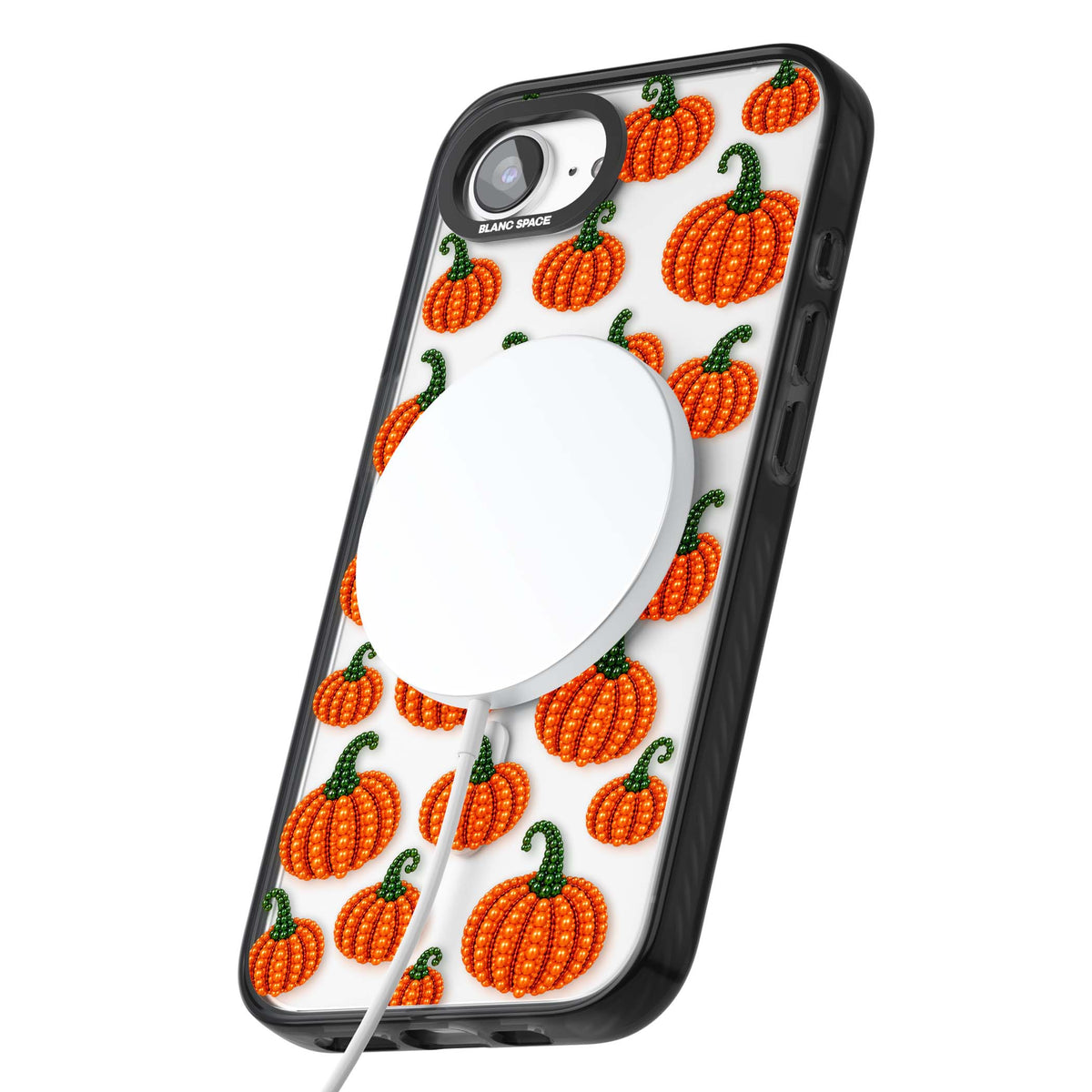 Beaded Pumpkins halloween iPhone case featuring beaded orange pumpkins with green stems on a clear background | Black Impact Magsafe case for iPhone 16e, iPhone 17e