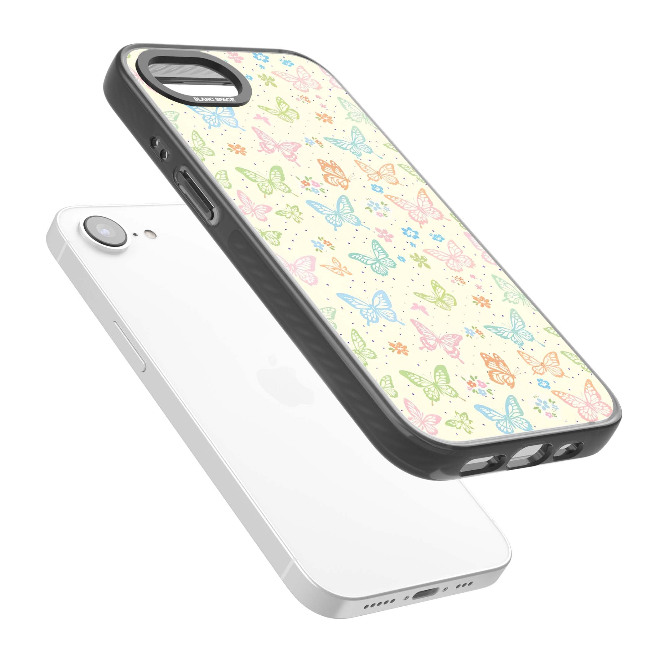 Sugar Wings cottagecore iPhone case featuring rainbow pastel butterflies, tiny wildflowers, and a cream background | Black Impact Magsafe case for iPhone 16e, iPhone 17e