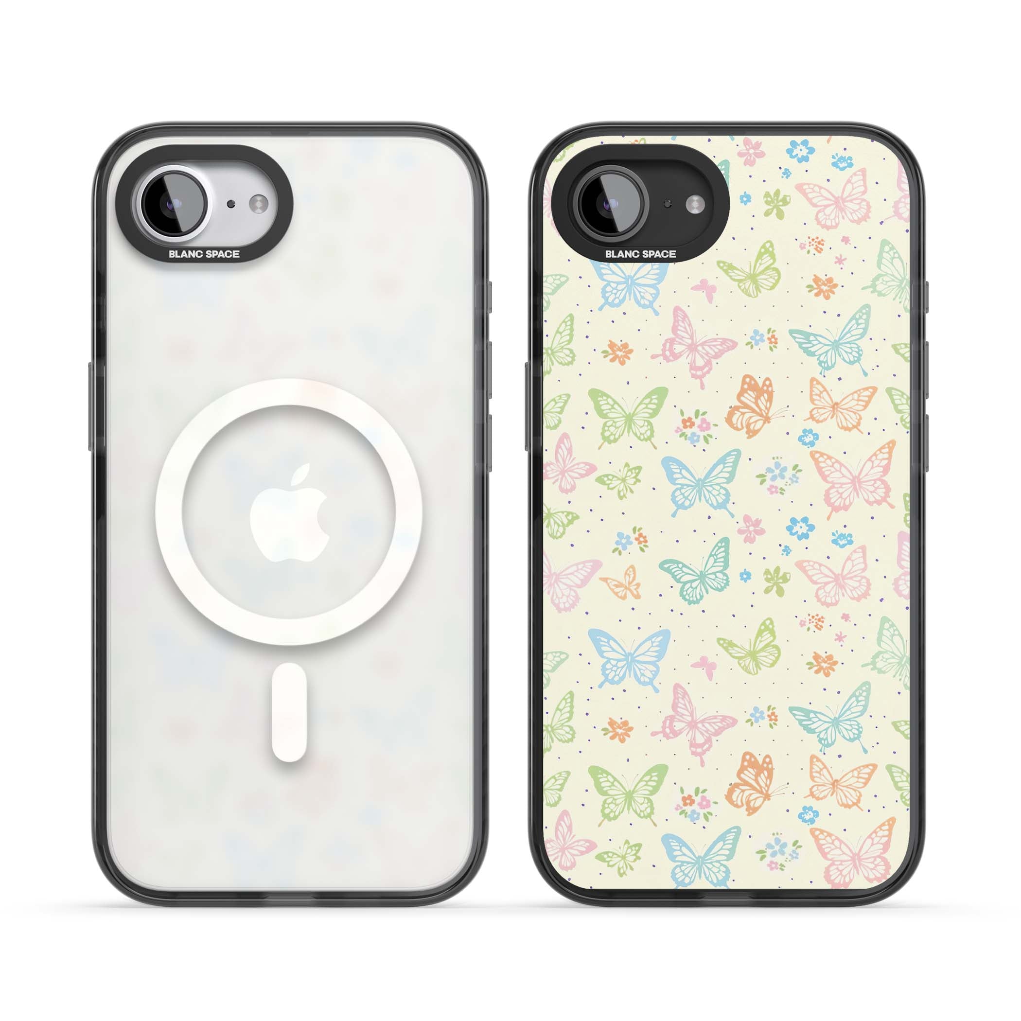 Sugar Wings cottagecore iPhone case featuring rainbow pastel butterflies, tiny wildflowers, and a cream background | Black Impact Magsafe case for iPhone 16e, iPhone 17e