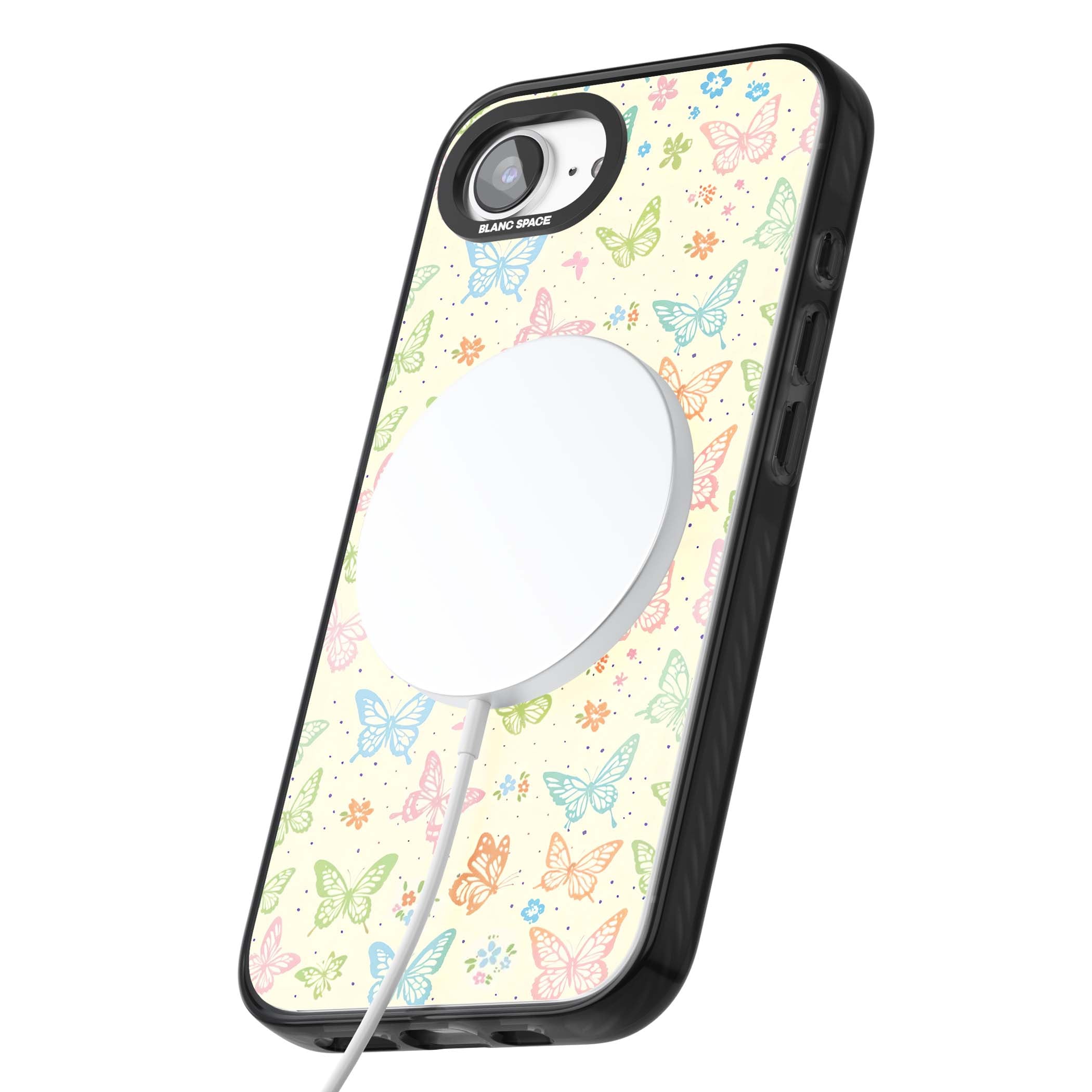 Sugar Wings cottagecore iPhone case featuring rainbow pastel butterflies, tiny wildflowers, and a cream background | Black Impact Magsafe case for iPhone 16e, iPhone 17e