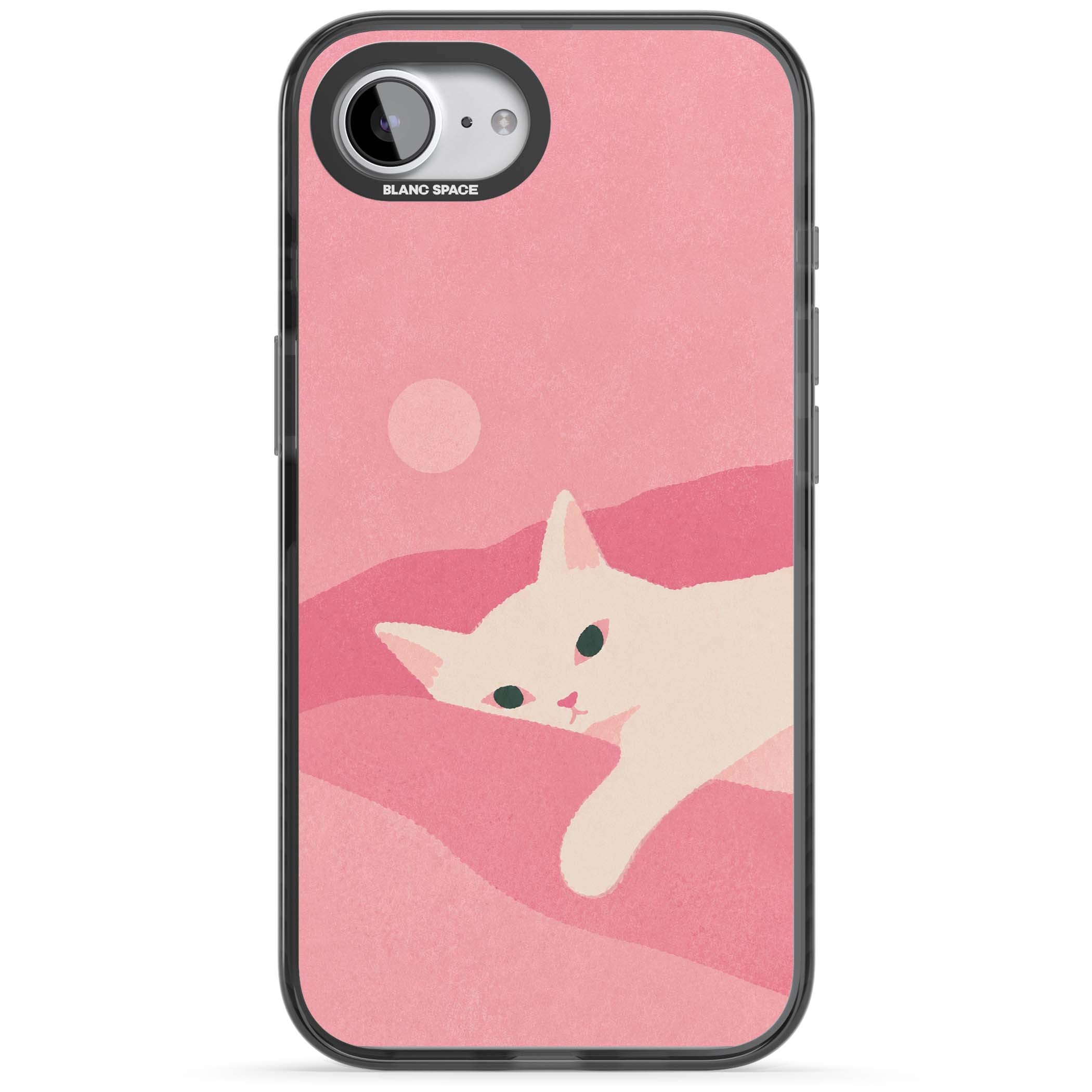 Pink Dreams cute cat iPhone case featuring a white kitten, soft pink hills and a pale pastel sun | Black Impact Magsafe case for iPhone 16e, iPhone 17e