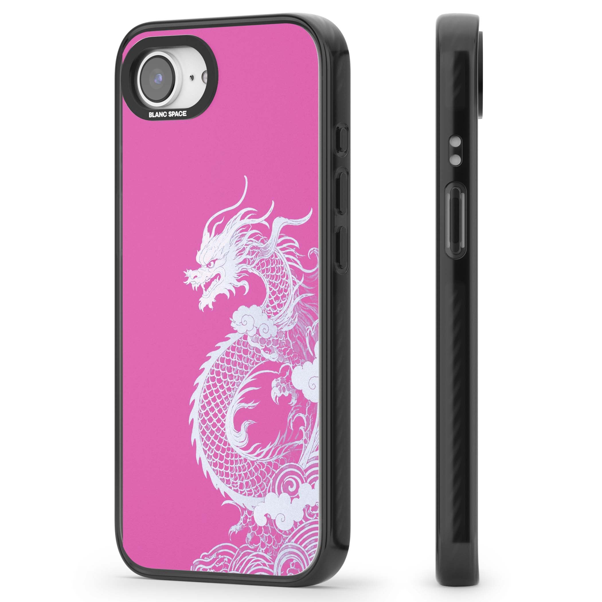Pink Empress chinese dragon iPhone case featuring a white dragon, swirling clouds and pink dragon wallpaper backdrop | Black Impact Magsafe case for iPhone 16e, iPhone 17e