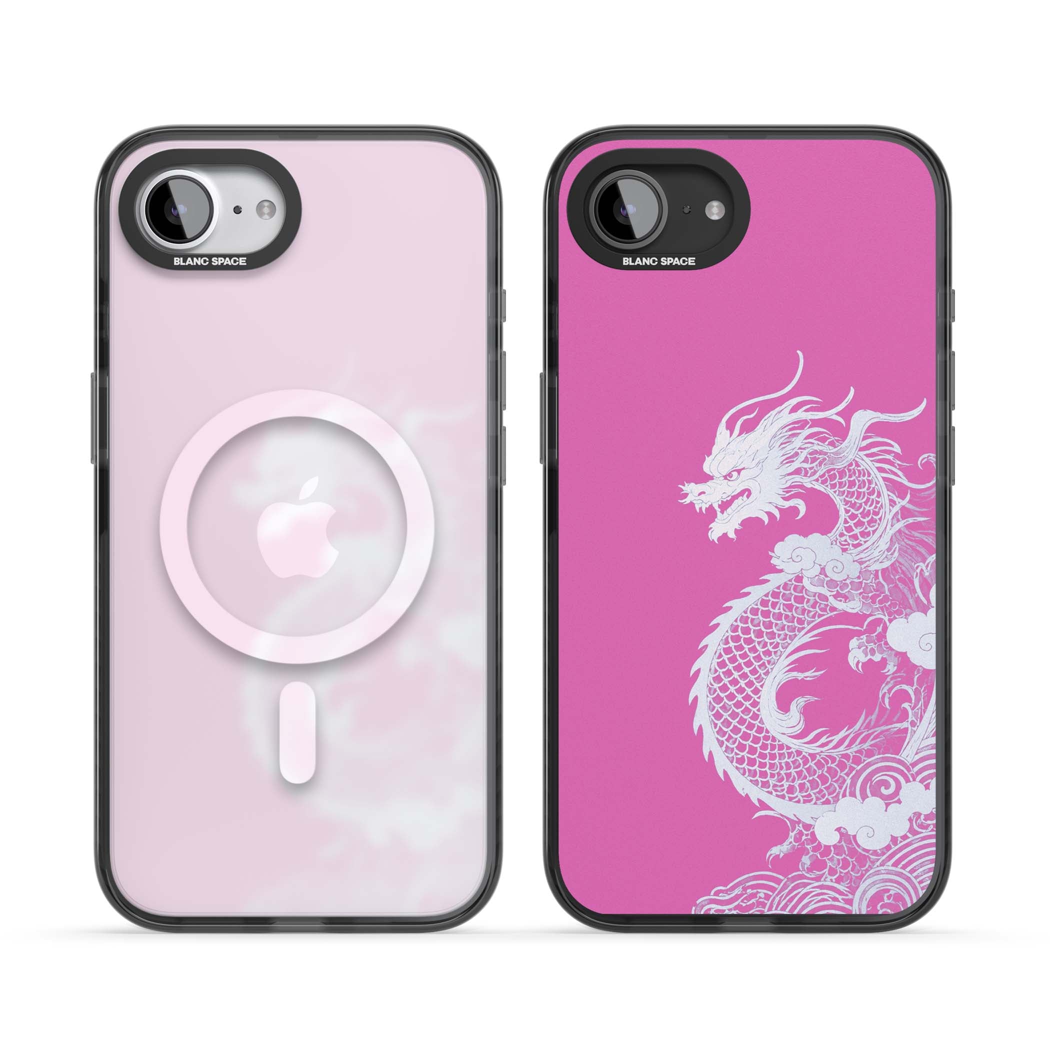 Pink Empress chinese dragon iPhone case featuring a white dragon, swirling clouds and pink dragon wallpaper backdrop | Black Impact Magsafe case for iPhone 16e, iPhone 17e