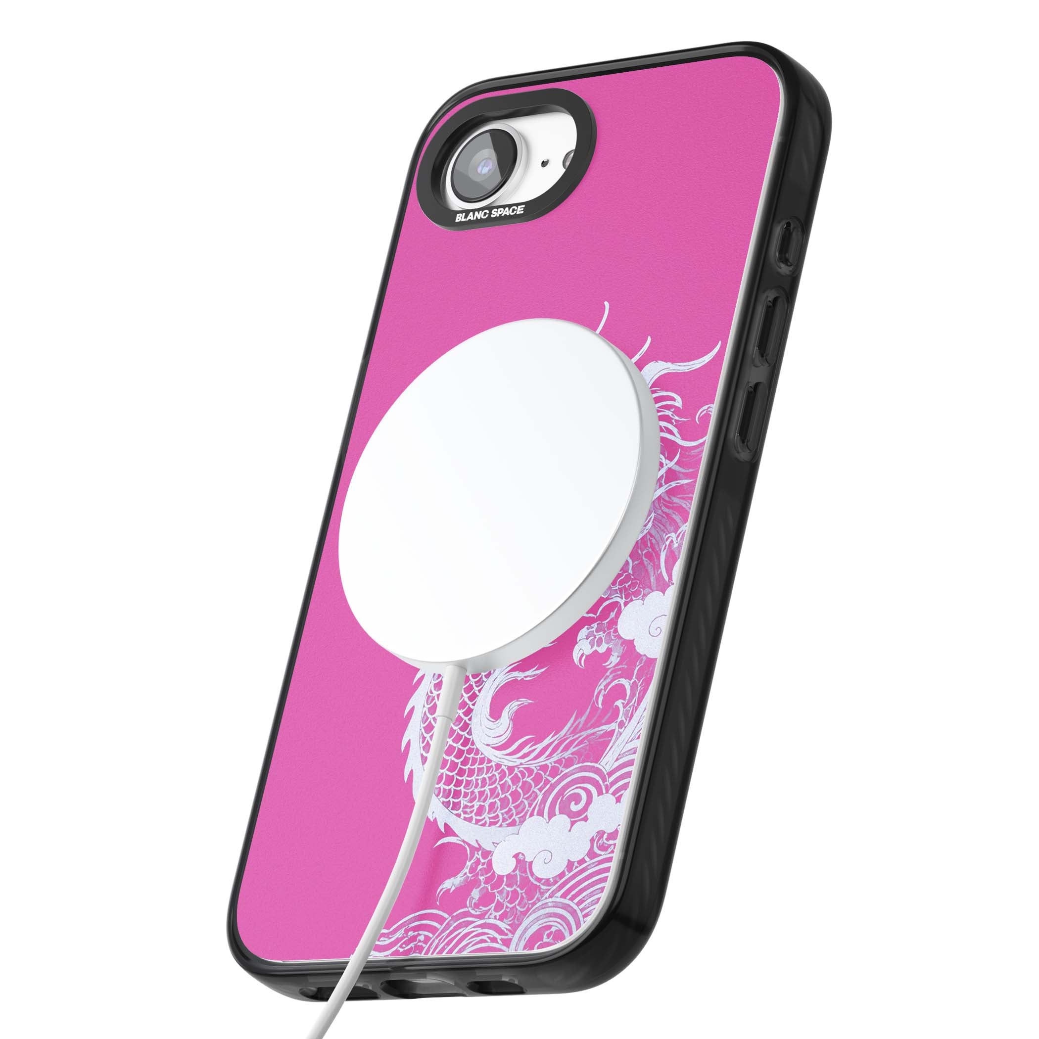Pink Empress chinese dragon iPhone case featuring a white dragon, swirling clouds and pink dragon wallpaper backdrop | Black Impact Magsafe case for iPhone 16e, iPhone 17e