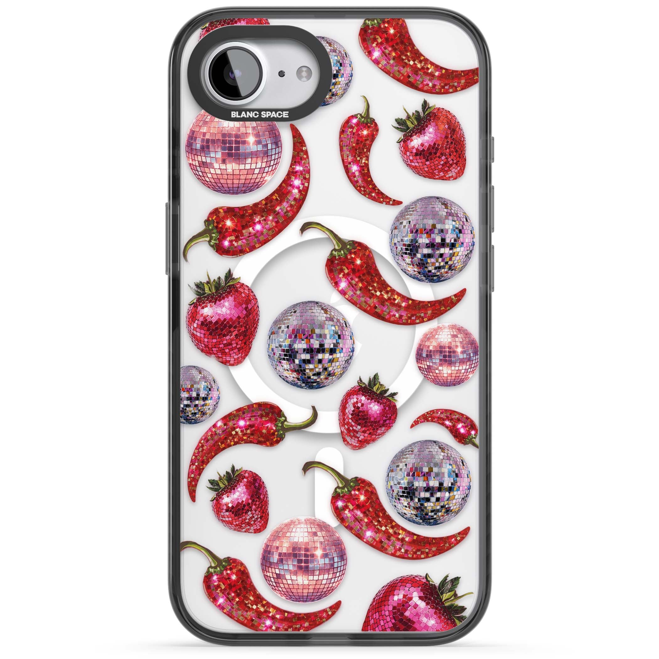 Spicy Disco Y2K iPhone case featuring glitter disco balls, sparkly strawberries and red chilli peppers | Black Impact Magsafe case for iPhone 16e, iPhone 17e