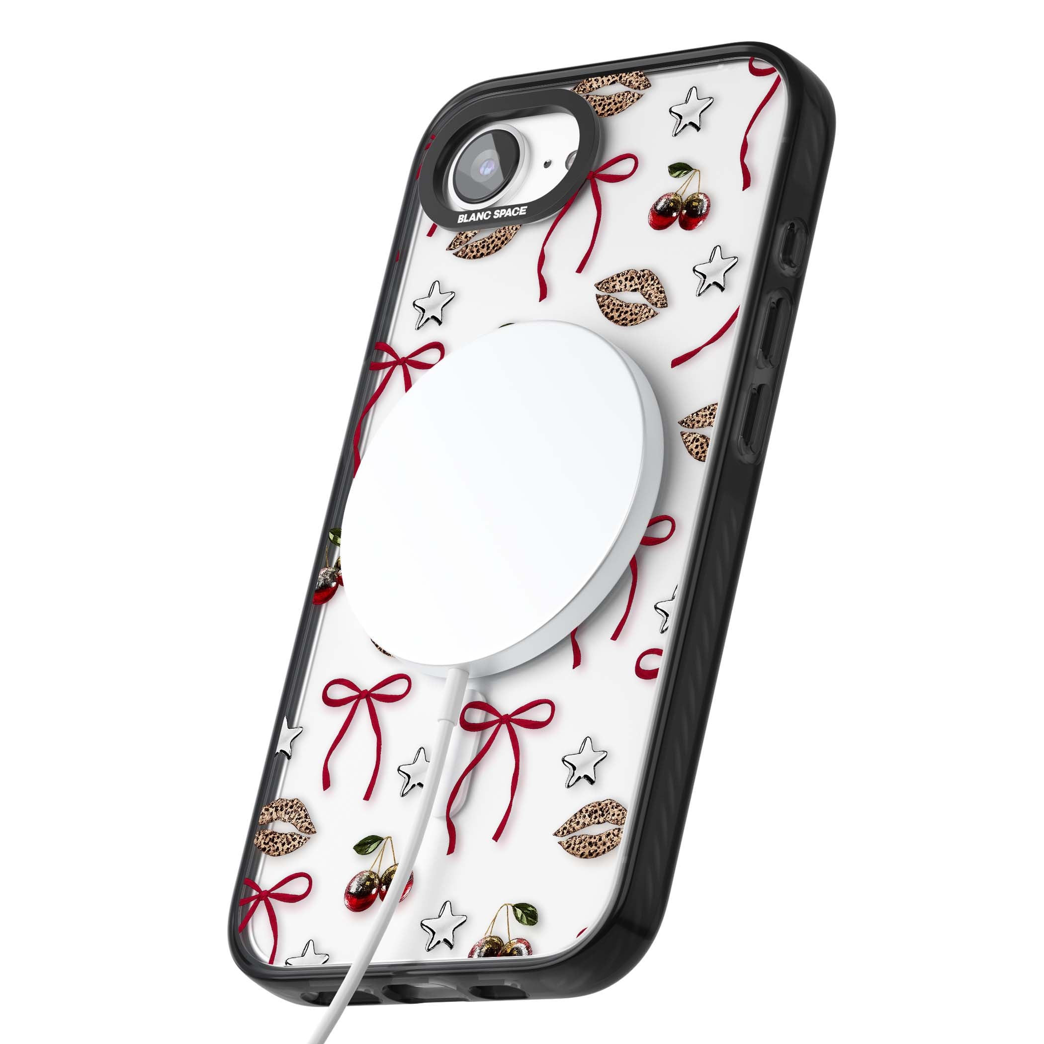 Starlet coquette iPhone case featuring red ribbon bows, disco cherries and leopard-print lips | Black Impact Magsafe case for iPhone 16e, iPhone 17e