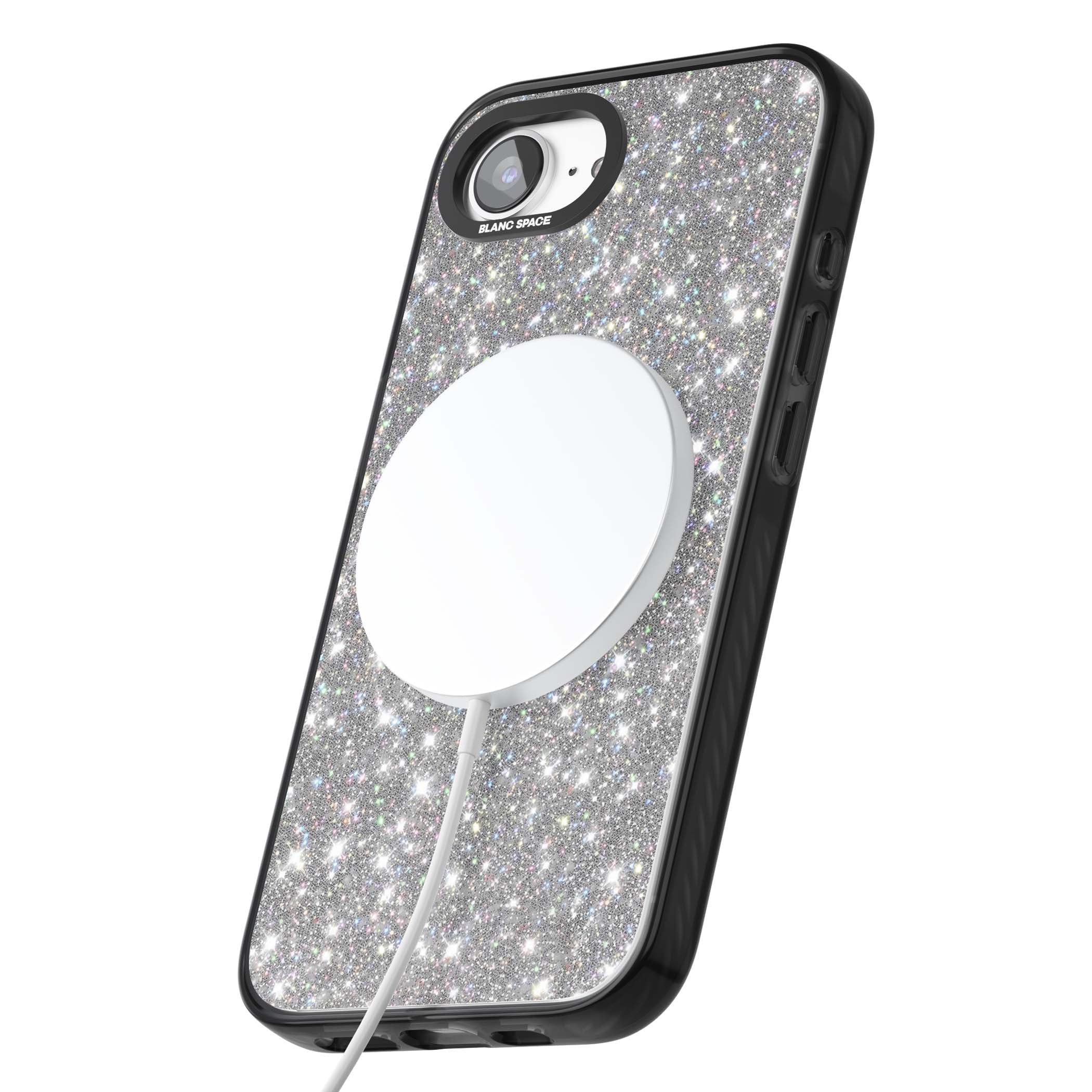 Diamond glam iPhone case featuring silver glitter sparkle and shimmering diamond dust effect | Black Impact Magsafe case for iPhone 16e, iPhone 17e