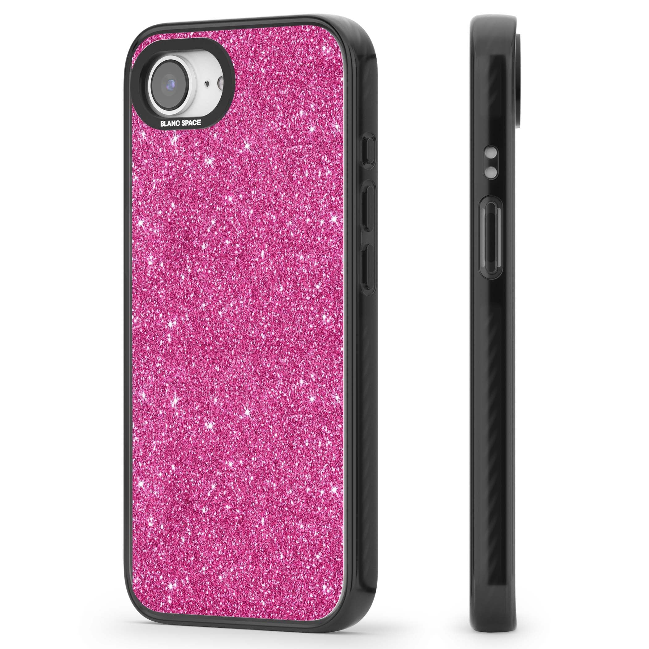 Pink Glitter Y2K iPhone case featuring hot pink glitter wallpaper with sparkle shimmer effect | Black Impact Magsafe case for iPhone 16e, iPhone 17e