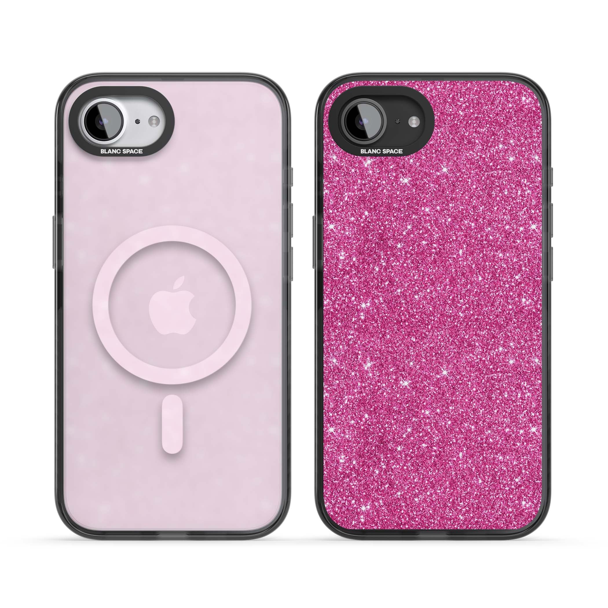 Pink Glitter Y2K iPhone case featuring hot pink glitter wallpaper with sparkle shimmer effect | Black Impact Magsafe case for iPhone 16e, iPhone 17e