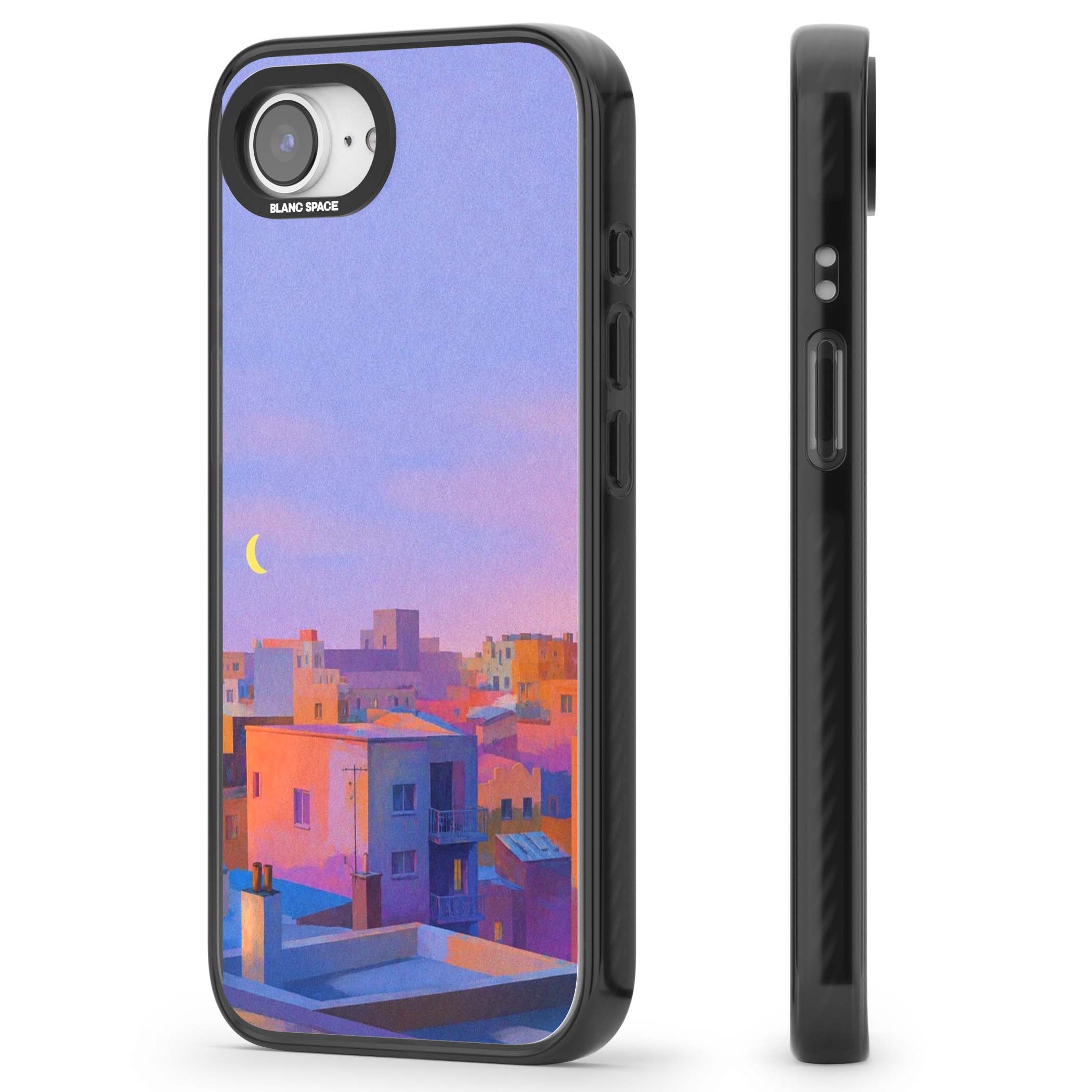 Twilight Rooftops vaporwave iPhone case featuring a pastel sunset cityscape, painted rooftops and a crescent moon. | Black Impact Magsafe case for iPhone 16e, iPhone 17e