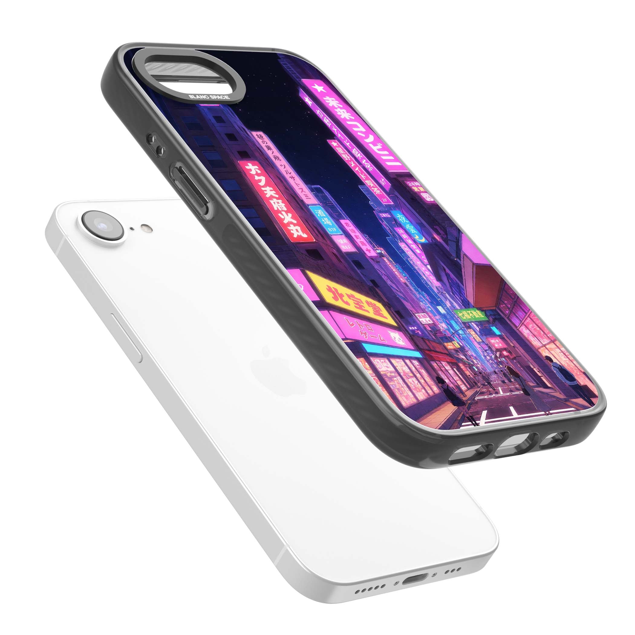 Shibuya At Night Japanese neon city iPhone case featuring glowing kanji signs, pink storefronts and a Tokyo street at n | Black Impact Magsafe case for iPhone 16e, iPhone 17e