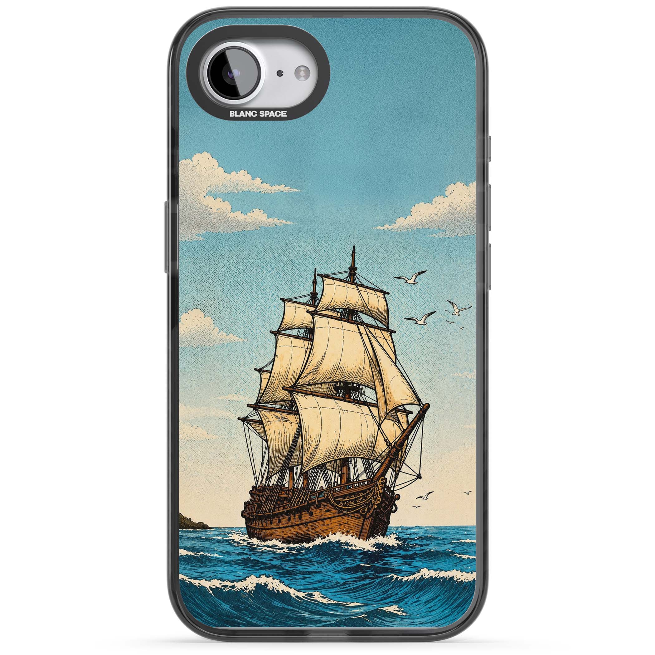 Ship at Sea nautical iPhone case featuring a vintage tall ship, ocean waves and seagulls | Black Impact Magsafe case for iPhone 16e, iPhone 17e