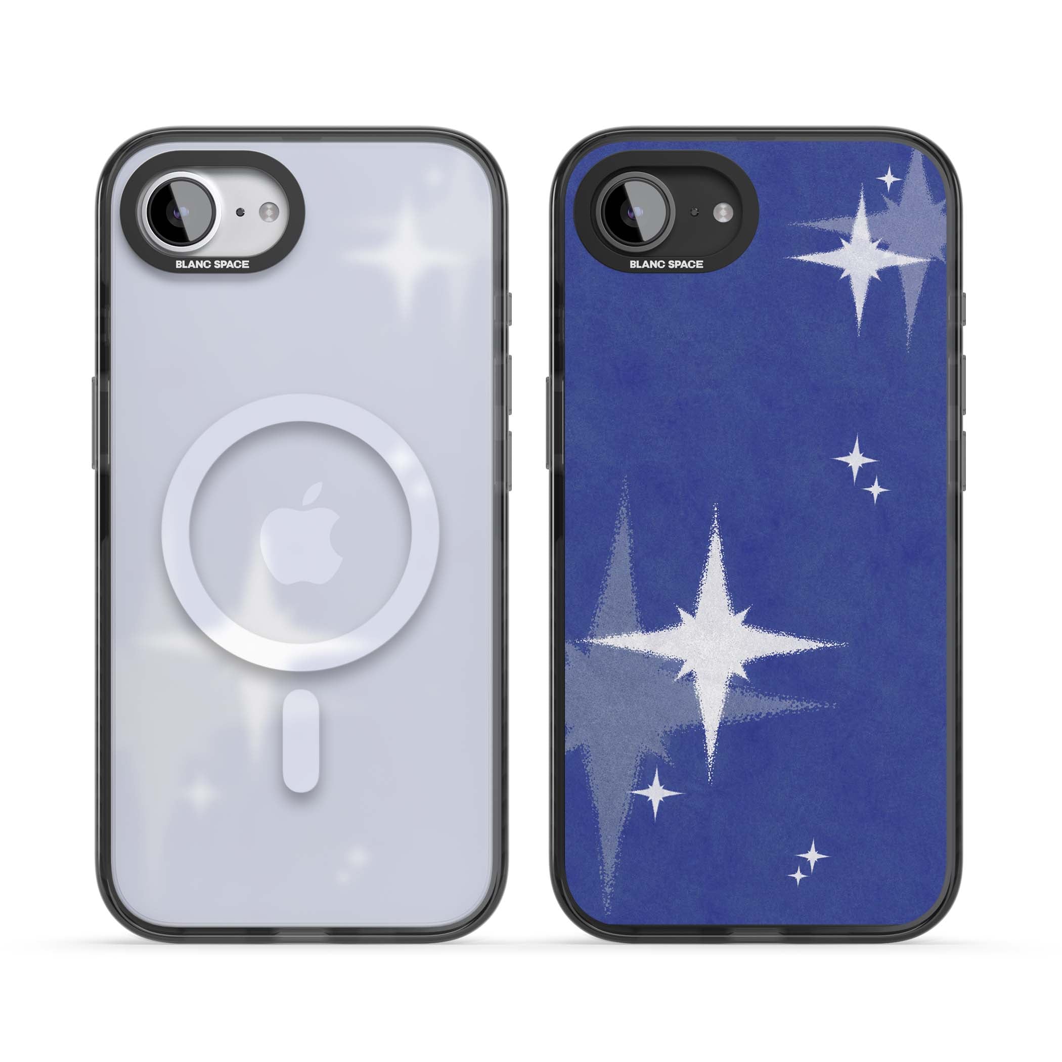 Blue Sparkle celestial iPhone case featuring sparkling silver stars on a deep blue painterly night sky | Black Impact Magsafe case for iPhone 16e, iPhone 17e