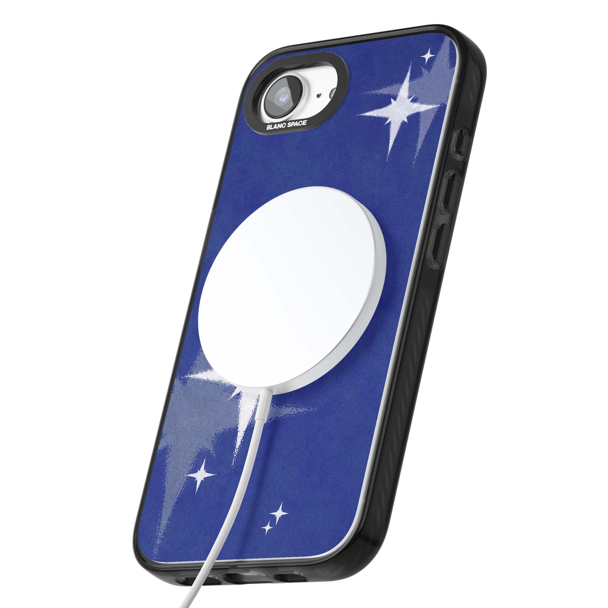 Blue Sparkle celestial iPhone case featuring sparkling silver stars on a deep blue painterly night sky | Black Impact Magsafe case for iPhone 16e, iPhone 17e