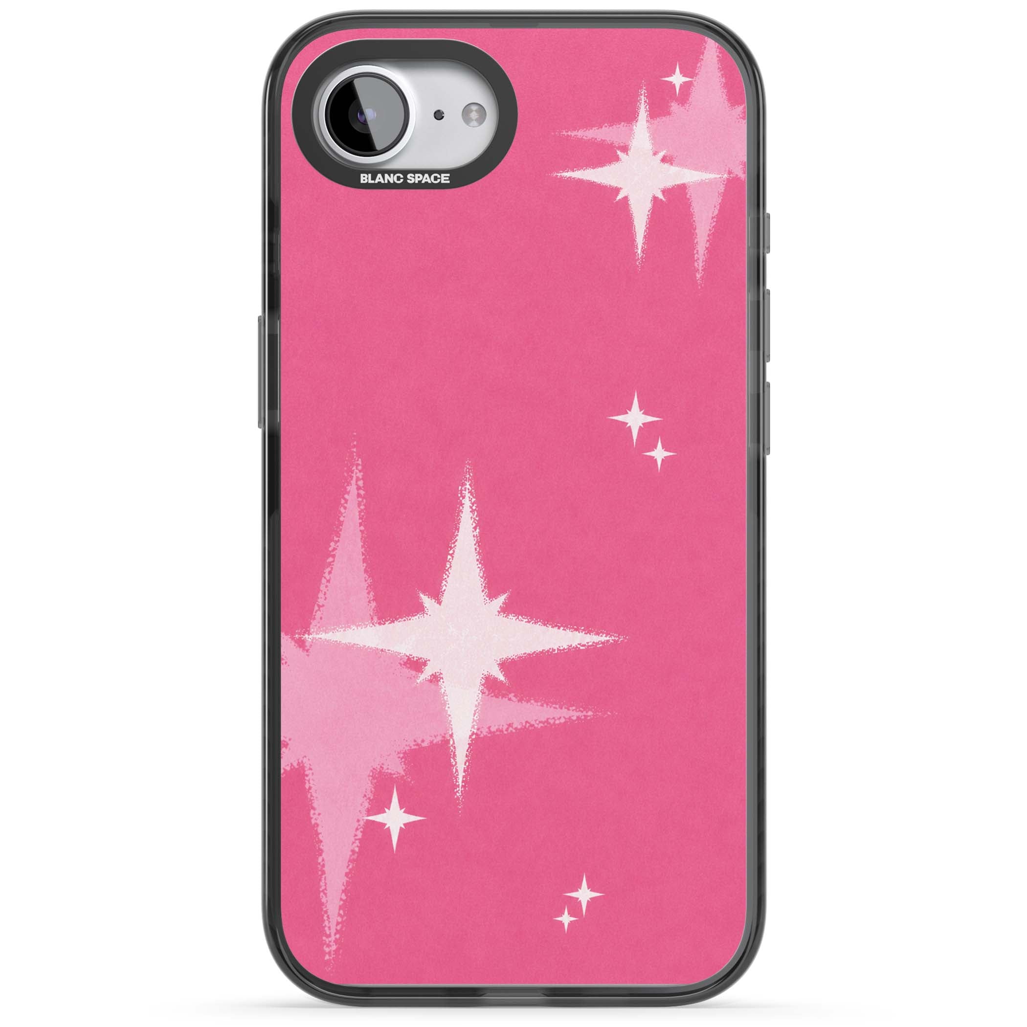 Pink Sparkle Y2K iPhone case featuring hot pink background with shimmering white starburst pattern | Black Impact Magsafe case for iPhone 16e, iPhone 17e