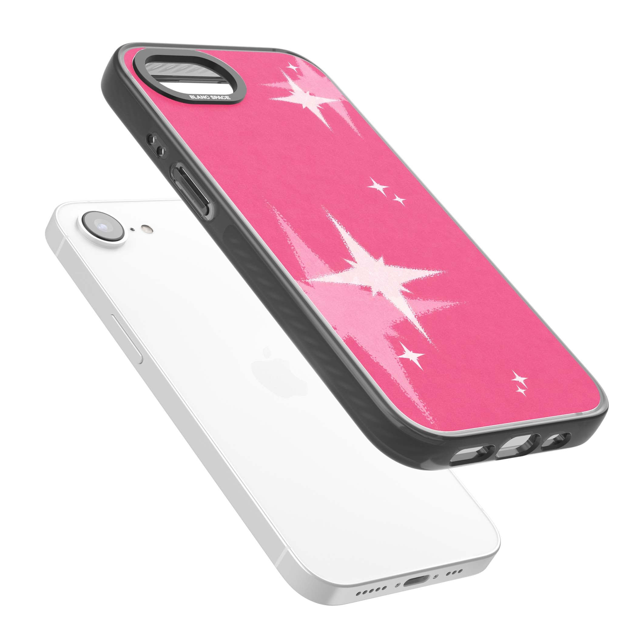 Pink Sparkle Y2K iPhone case featuring hot pink background with shimmering white starburst pattern | Black Impact Magsafe case for iPhone 16e, iPhone 17e