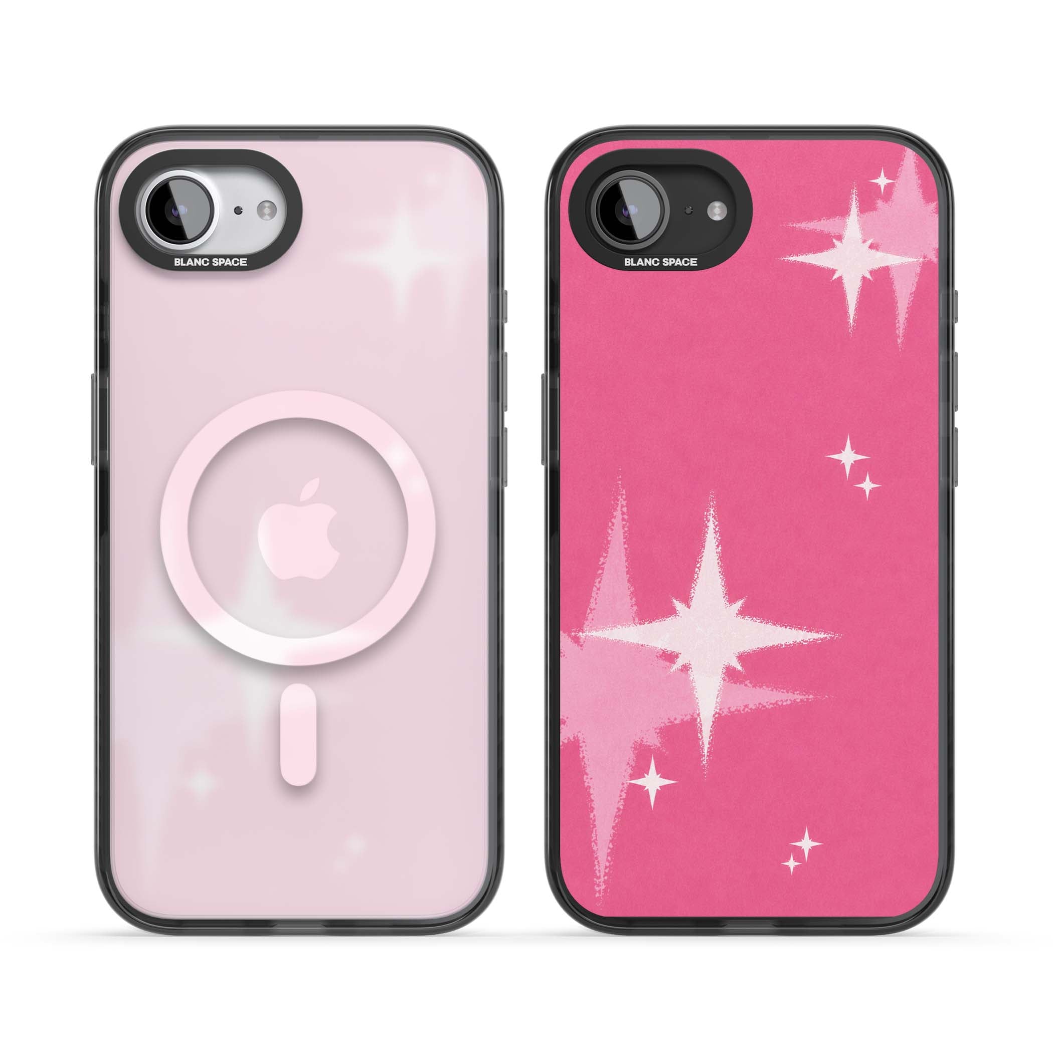 Pink Sparkle Y2K iPhone case featuring hot pink background with shimmering white starburst pattern | Black Impact Magsafe case for iPhone 16e, iPhone 17e