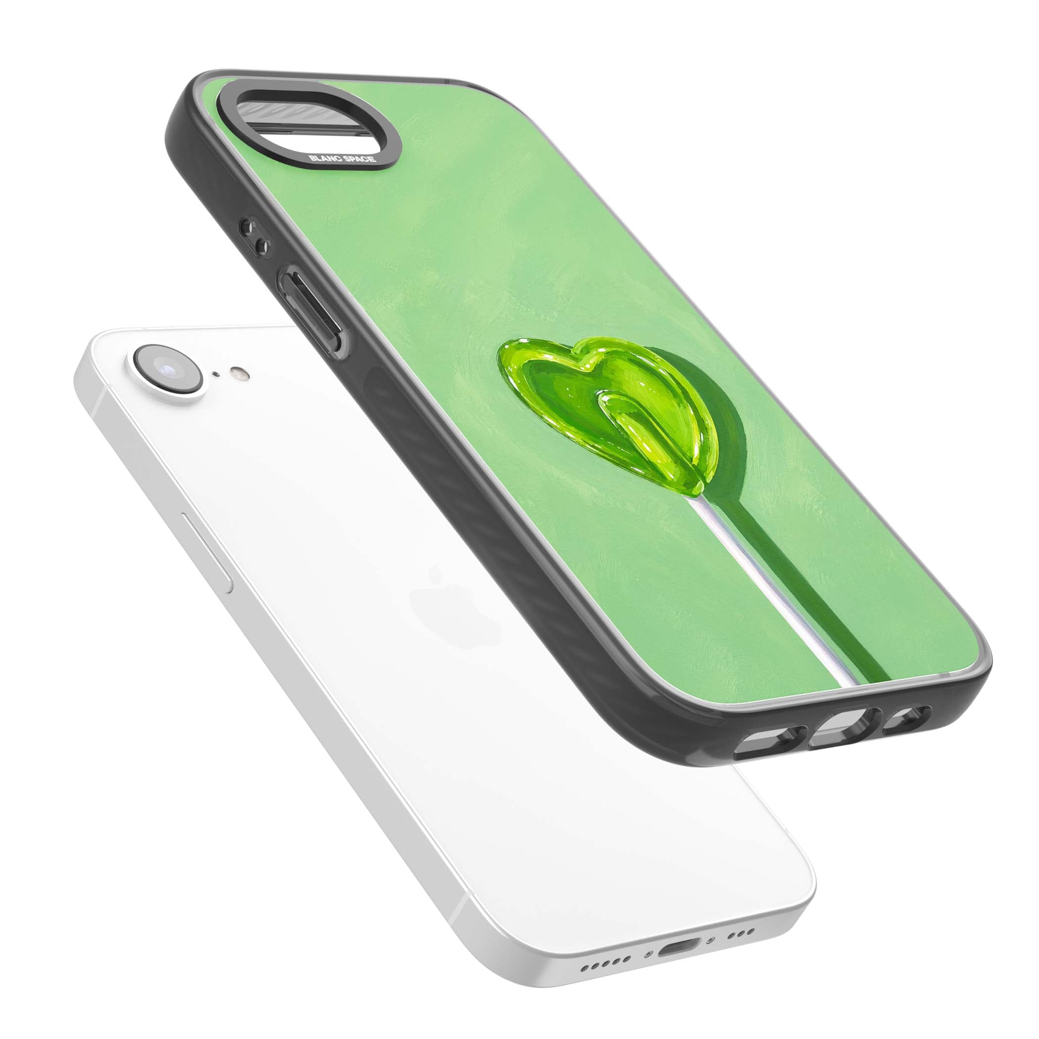 Green Lollipop candy art iPhone case featuring a glossy green heart-shaped lollipop on a painted pastel green background | Black Impact Magsafe case for iPhone 16e, iPhone 17e