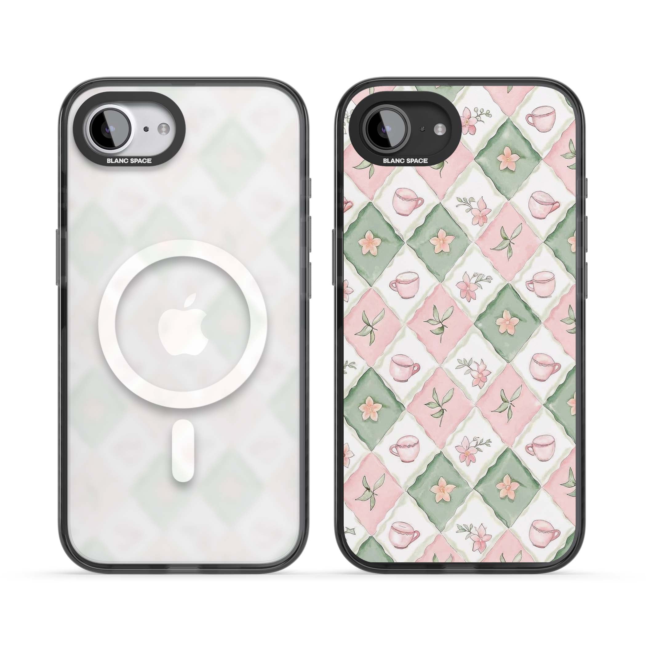 Garden Tea Party coquette iPhone case with pink and green checkered pattern, watercolour teacups and wildflowers | Black Impact Magsafe case for iPhone 16e, iPhone 17e