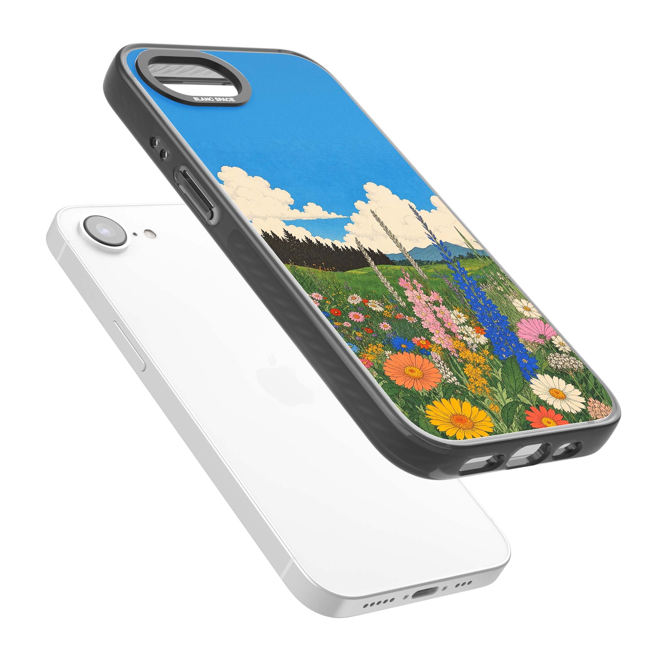 Wildbloom wildflower iPhone case featuring a vintage Japanese-style meadow landscape with daisies, delphiniums and moun | Black Impact Magsafe case for iPhone 16e, iPhone 17e