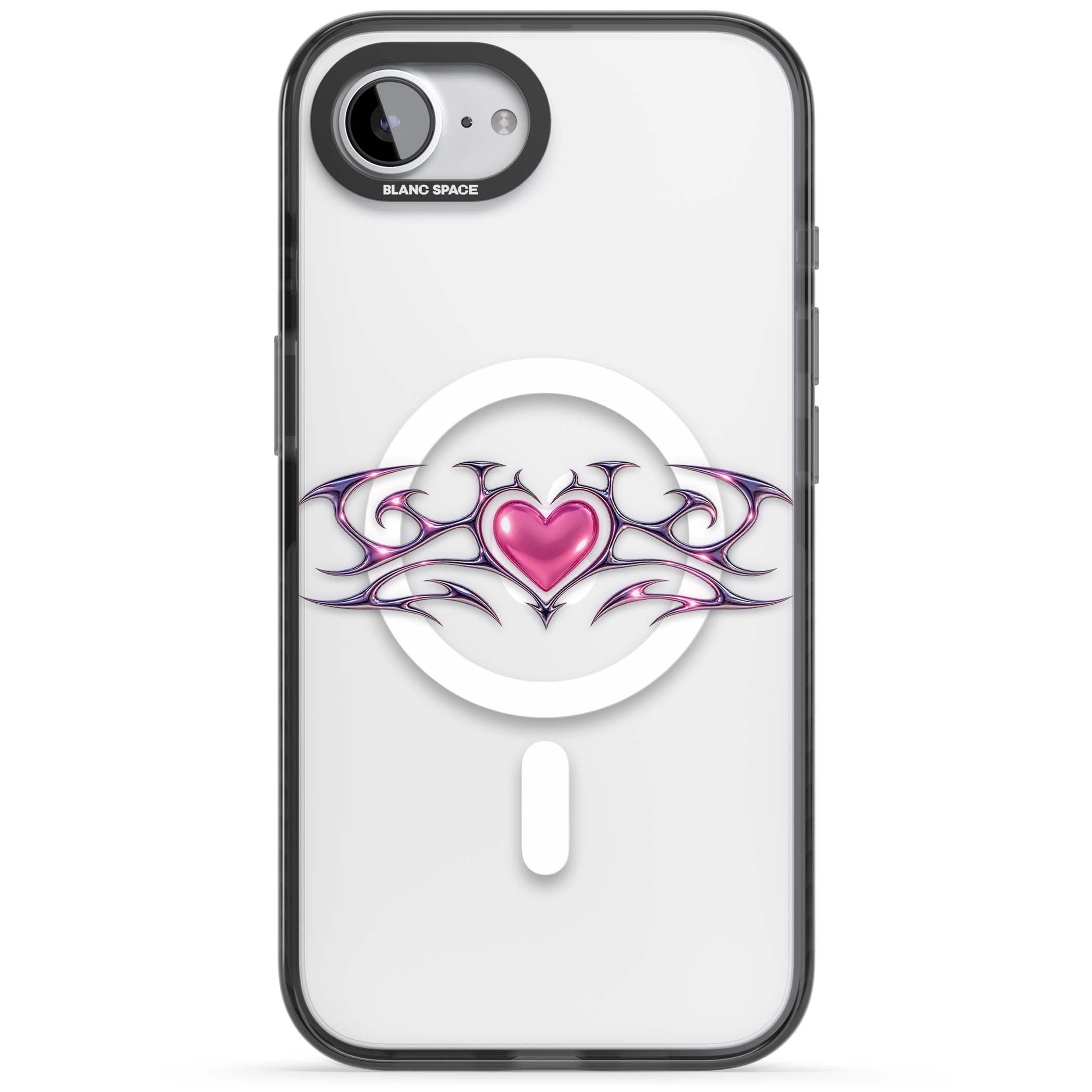 Pink Chrome Heart y2k iPhone case | Black Impact Magsafe case for iPhone 16e, iPhone 17e