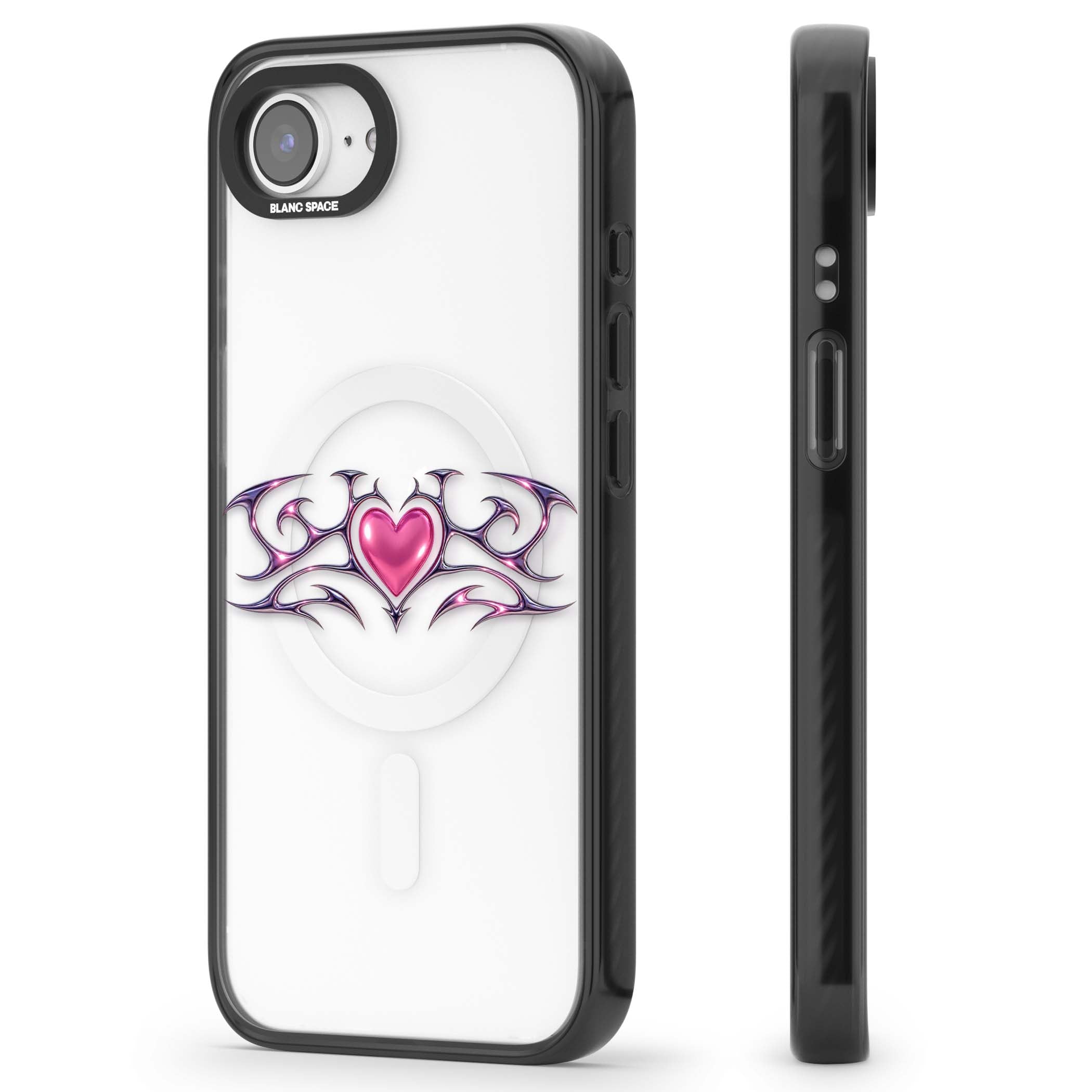Pink Chrome Heart y2k iPhone case | Black Impact Magsafe case for iPhone 16e, iPhone 17e