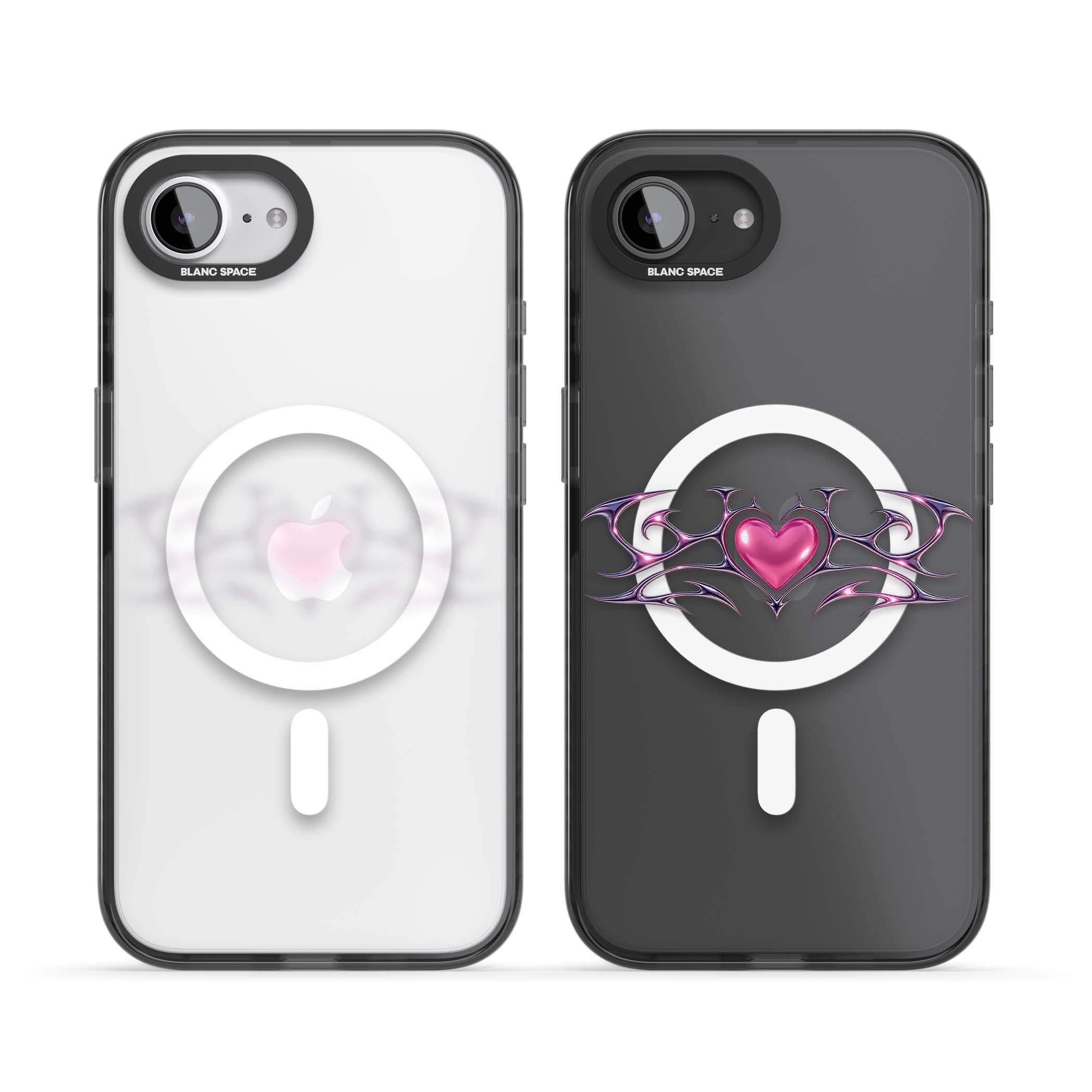 Pink Chrome Heart y2k iPhone case | Black Impact Magsafe case for iPhone 16e, iPhone 17e