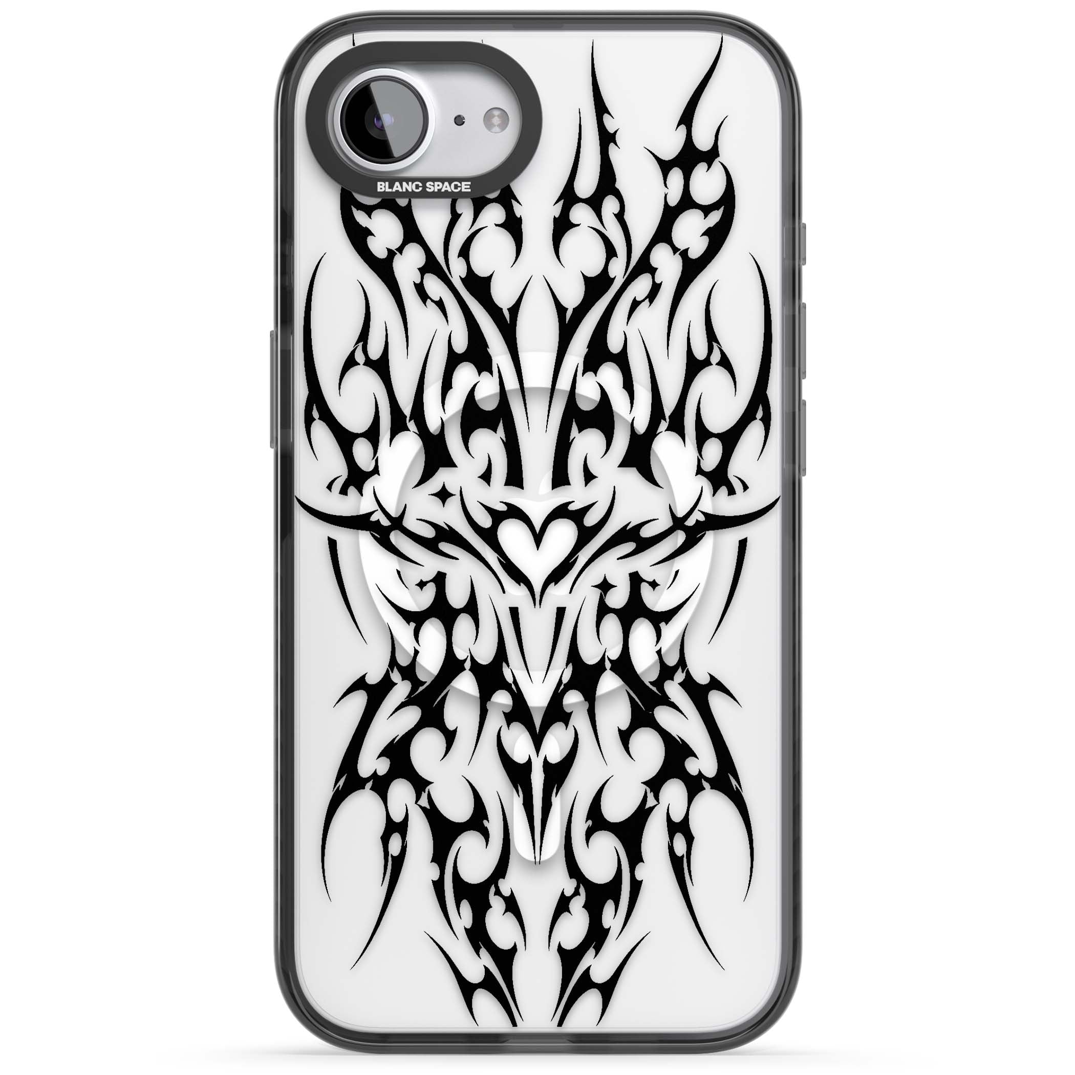 Neo Tribal Heart gothic iPhone case featuring symmetrical black tribal tattoo art with sharp thorn-like linework | Black Impact Magsafe case for iPhone 16e, iPhone 17e