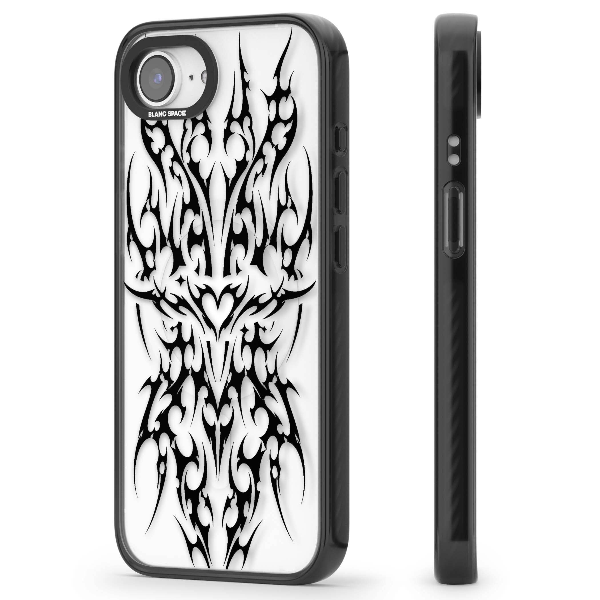 Neo Tribal Heart gothic iPhone case featuring symmetrical black tribal tattoo art with sharp thorn-like linework | Black Impact Magsafe case for iPhone 16e, iPhone 17e