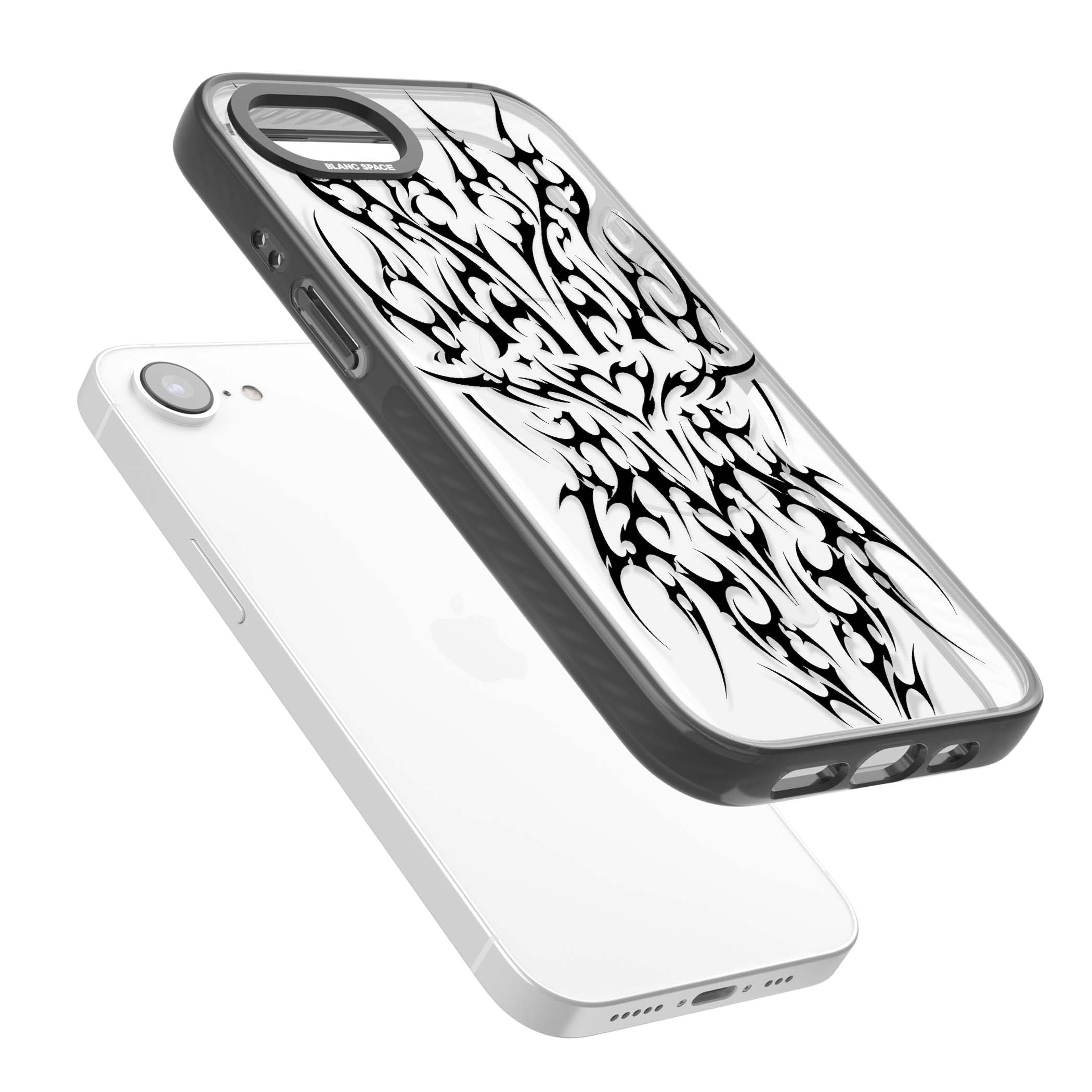Neo Tribal Heart gothic iPhone case featuring symmetrical black tribal tattoo art with sharp thorn-like linework | Black Impact Magsafe case for iPhone 16e, iPhone 17e