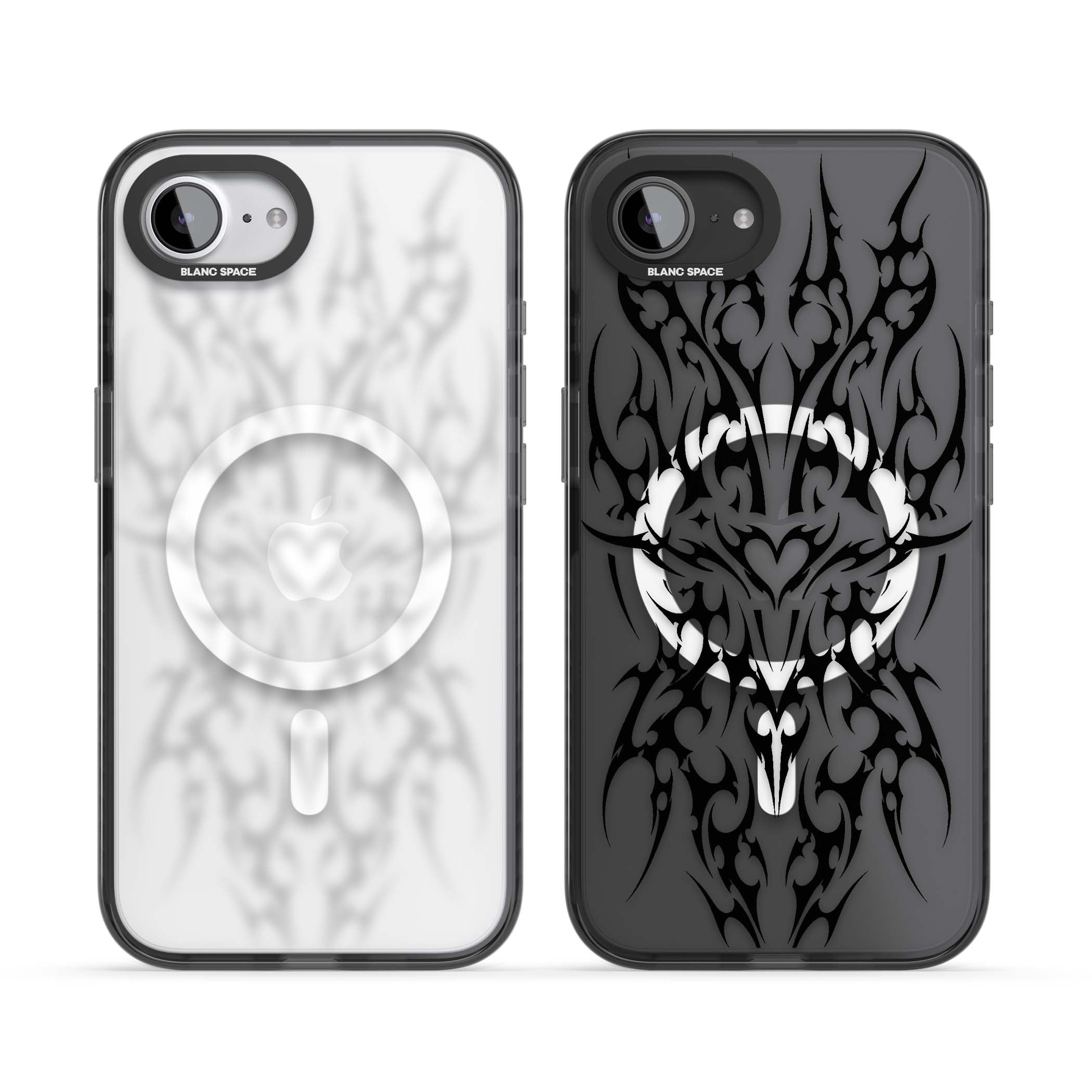 Neo Tribal Heart gothic iPhone case featuring symmetrical black tribal tattoo art with sharp thorn-like linework | Black Impact Magsafe case for iPhone 16e, iPhone 17e