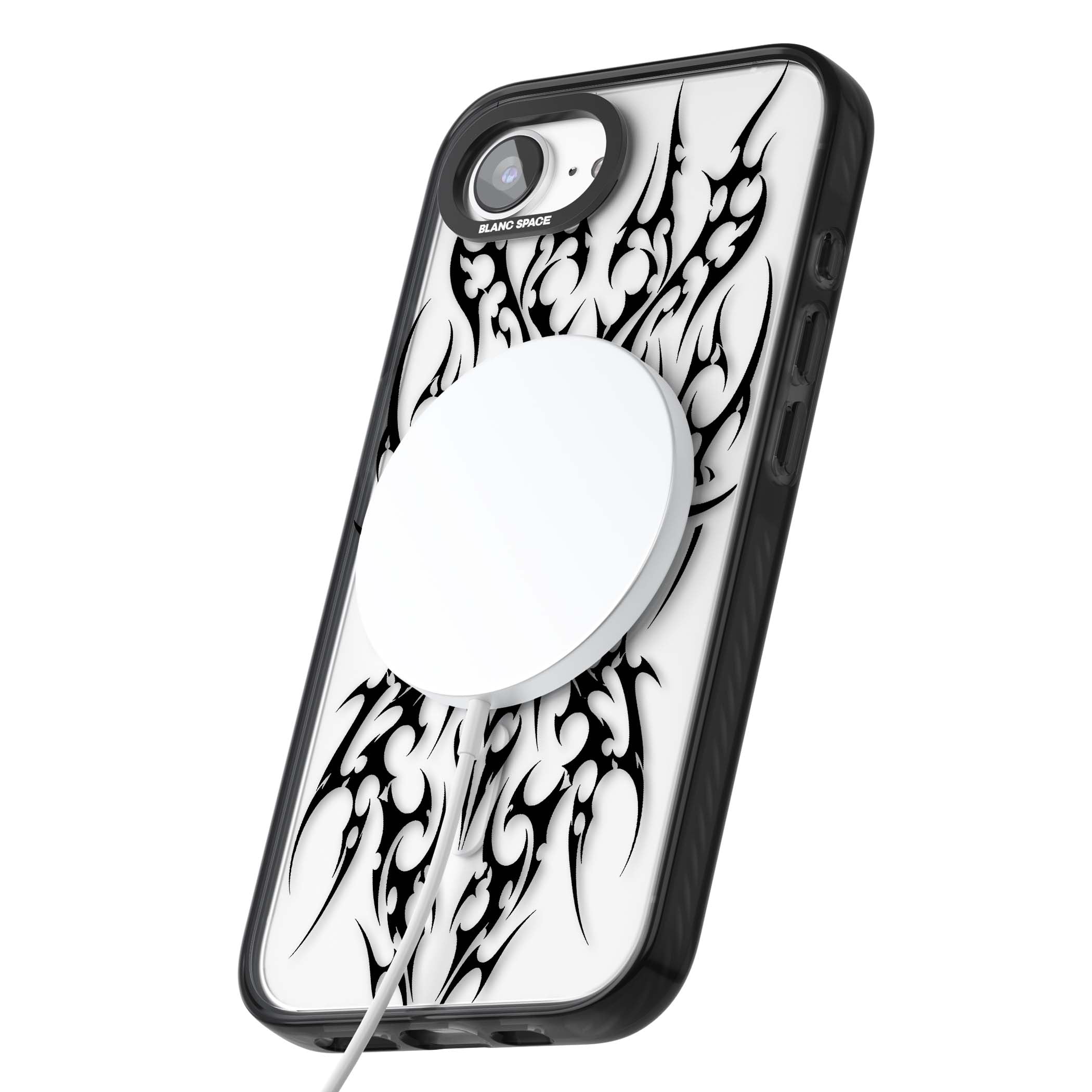 Neo Tribal Heart gothic iPhone case featuring symmetrical black tribal tattoo art with sharp thorn-like linework | Black Impact Magsafe case for iPhone 16e, iPhone 17e
