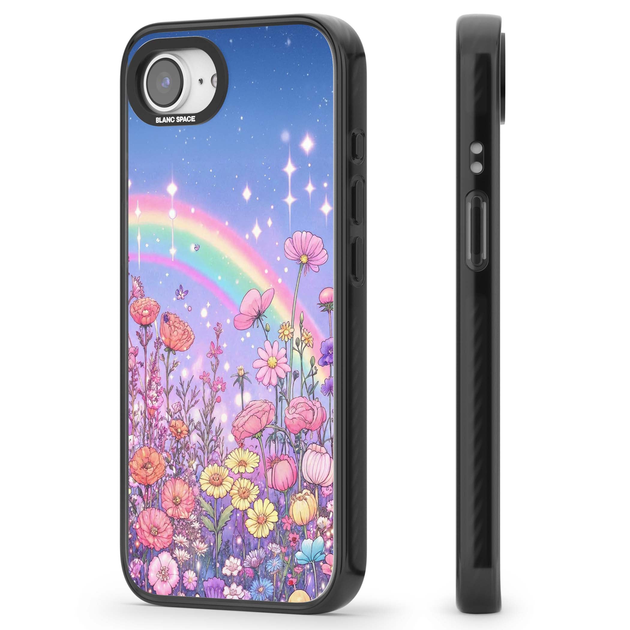 Magical Meadow fairycore iPhone case featuring a pastel rainbow, sparkling stars and a wildflower meadow | Black Impact case for iPhone 16e, iPhone 17e