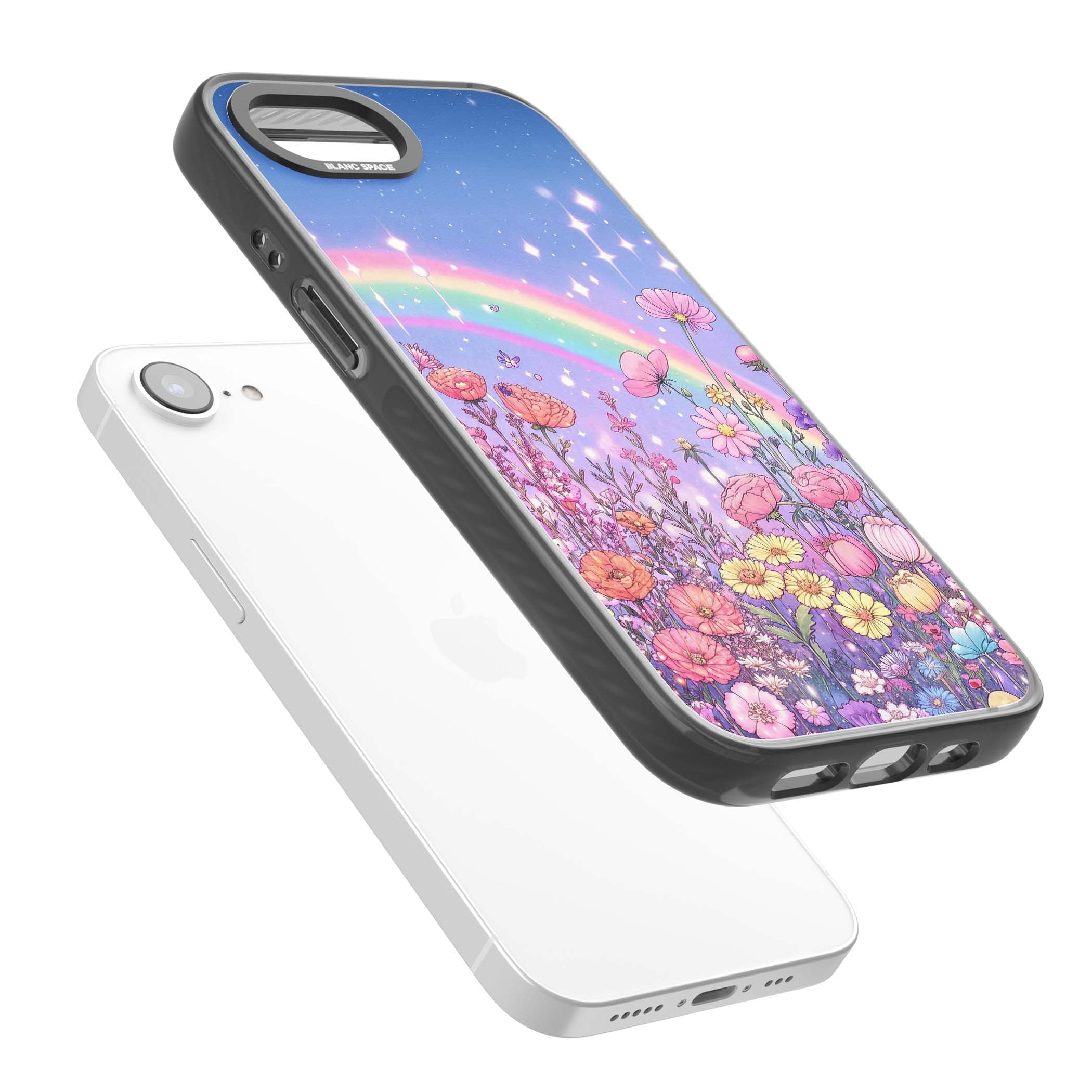 Magical Meadow fairycore iPhone case featuring a pastel rainbow, sparkling stars and a wildflower meadow | Black Impact case for iPhone 16e, iPhone 17e