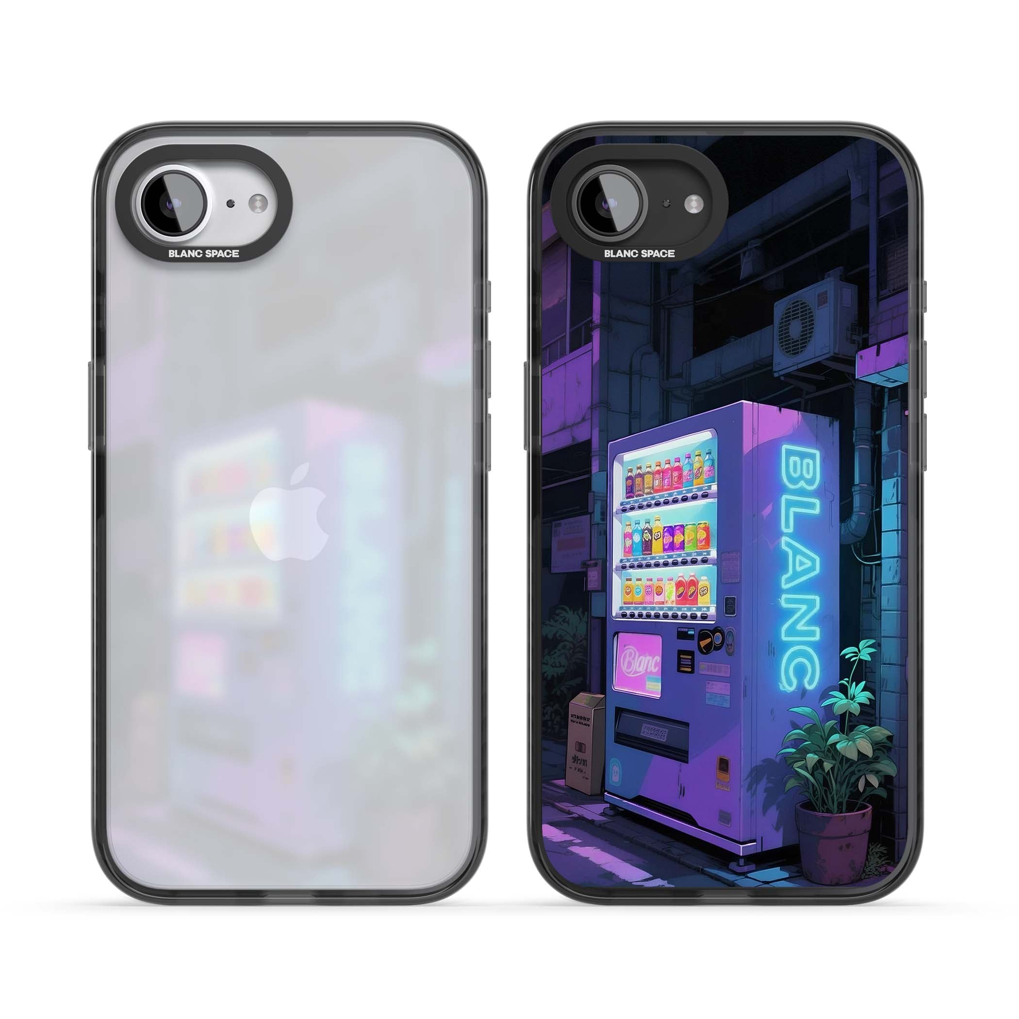 Shibuya Glow Japanese iPhone case featuring a glowing Tokyo vending machine, neon signage, and moody purple alleyway | Black Impact case for iPhone 16e, iPhone 17e