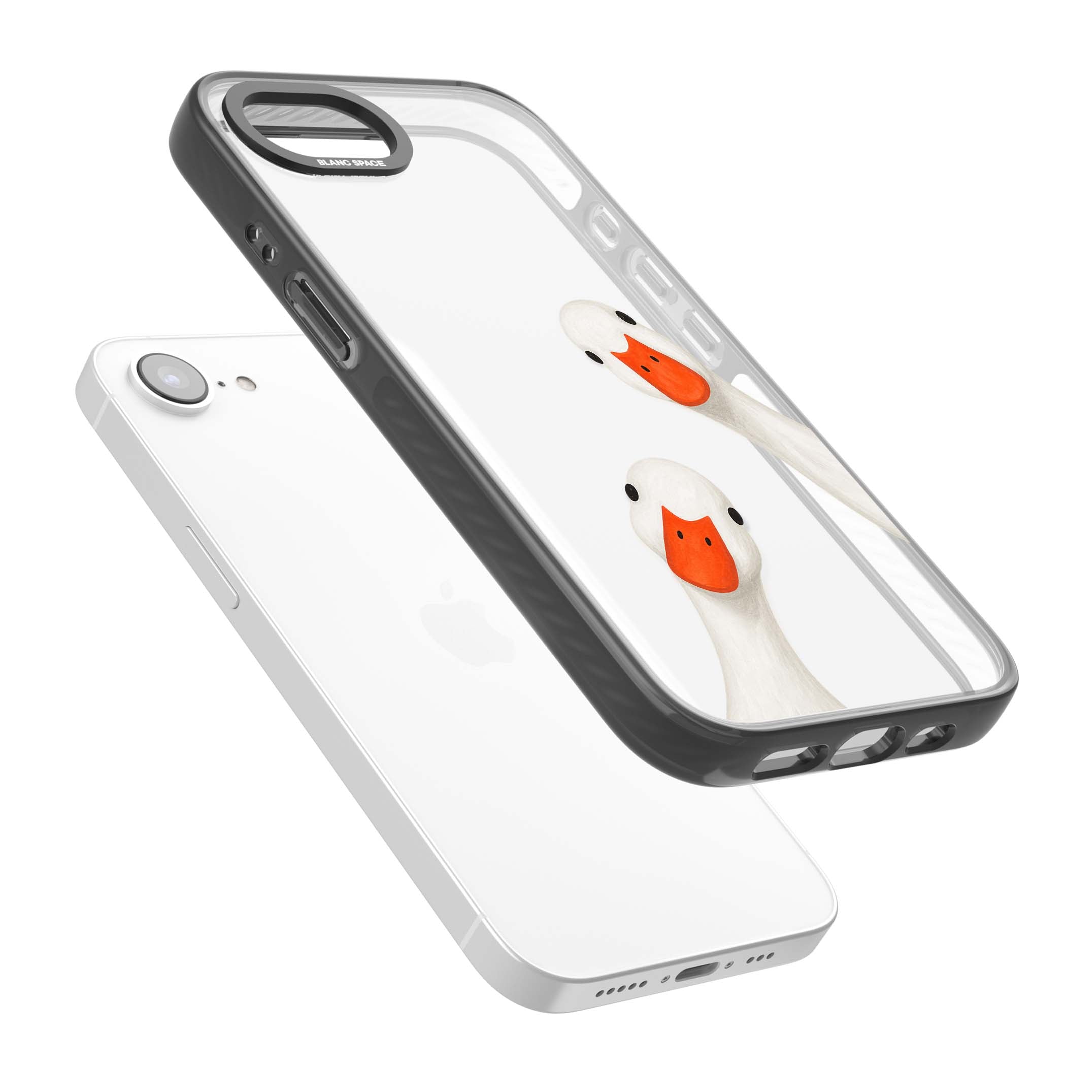 Nosy Ducks cottagecore iPhone case featuring two peeking white ducks with orange beaks on a clear background | Black Impact case for iPhone 16e, iPhone 17e