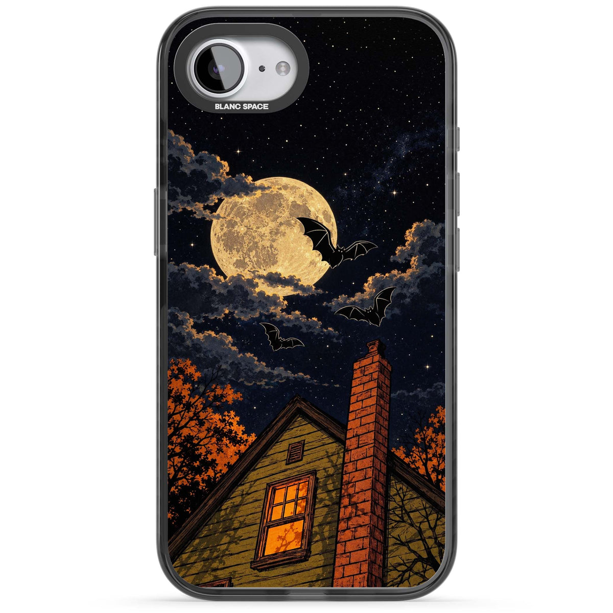 Hollows Eve Halloween iPhone case featuring a haunted house, full moon and flying bats against a starry autumn sky | Black Impact case for iPhone 16e, iPhone 17e