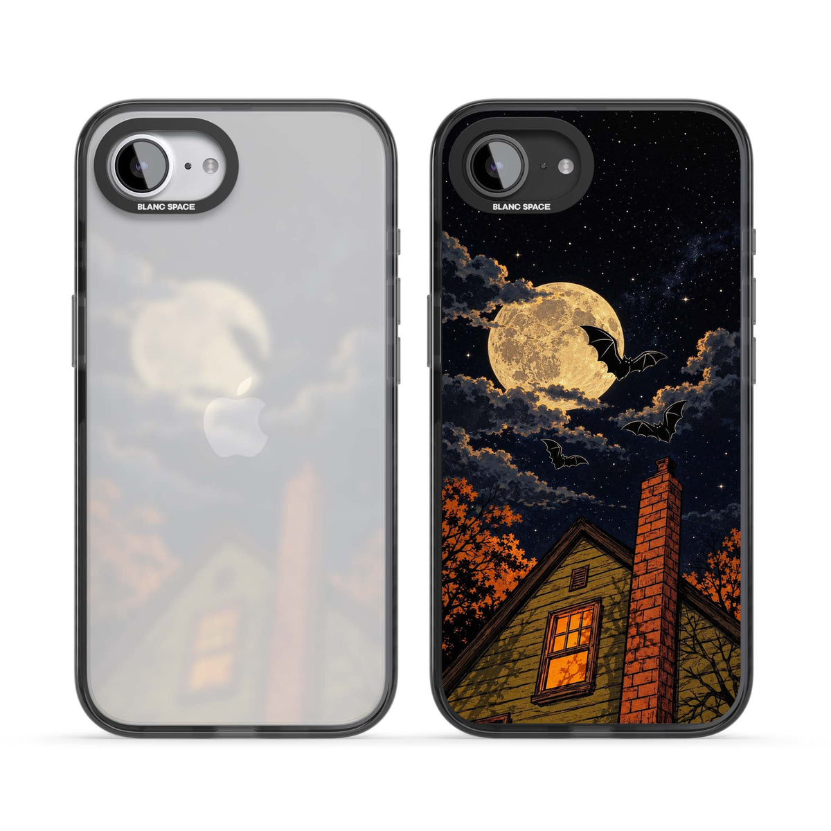 Hollows Eve Halloween iPhone case featuring a haunted house, full moon and flying bats against a starry autumn sky | Black Impact case for iPhone 16e, iPhone 17e