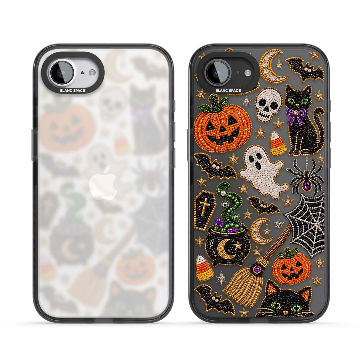 Beaded Halloween Halloween iPhone case featuring beaded pumpkins, ghosts, black cats and bats | Black Impact case for iPhone 16e, iPhone 17e