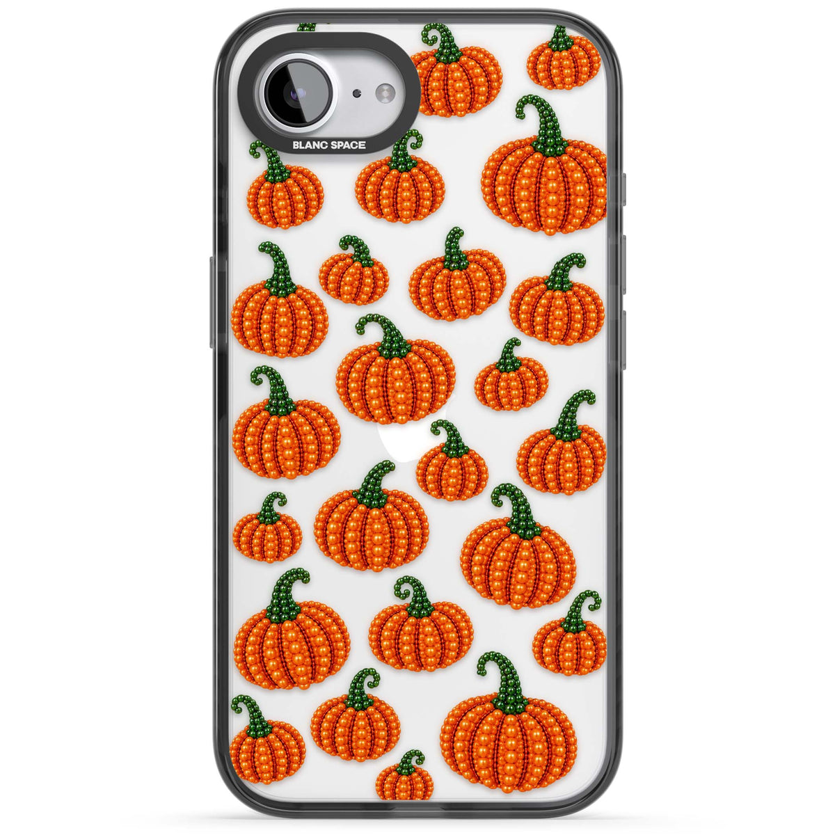 Beaded Pumpkins halloween iPhone case featuring beaded orange pumpkins with green stems on a clear background | Black Impact case for iPhone 16e, iPhone 17e