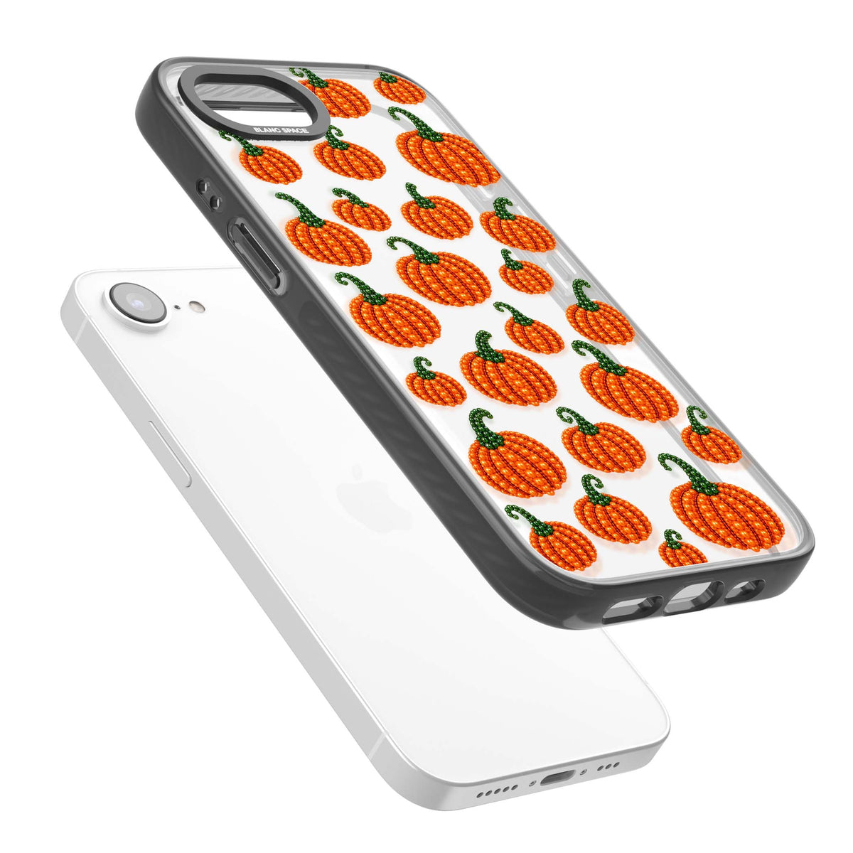 Beaded Pumpkins halloween iPhone case featuring beaded orange pumpkins with green stems on a clear background | Black Impact case for iPhone 16e, iPhone 17e