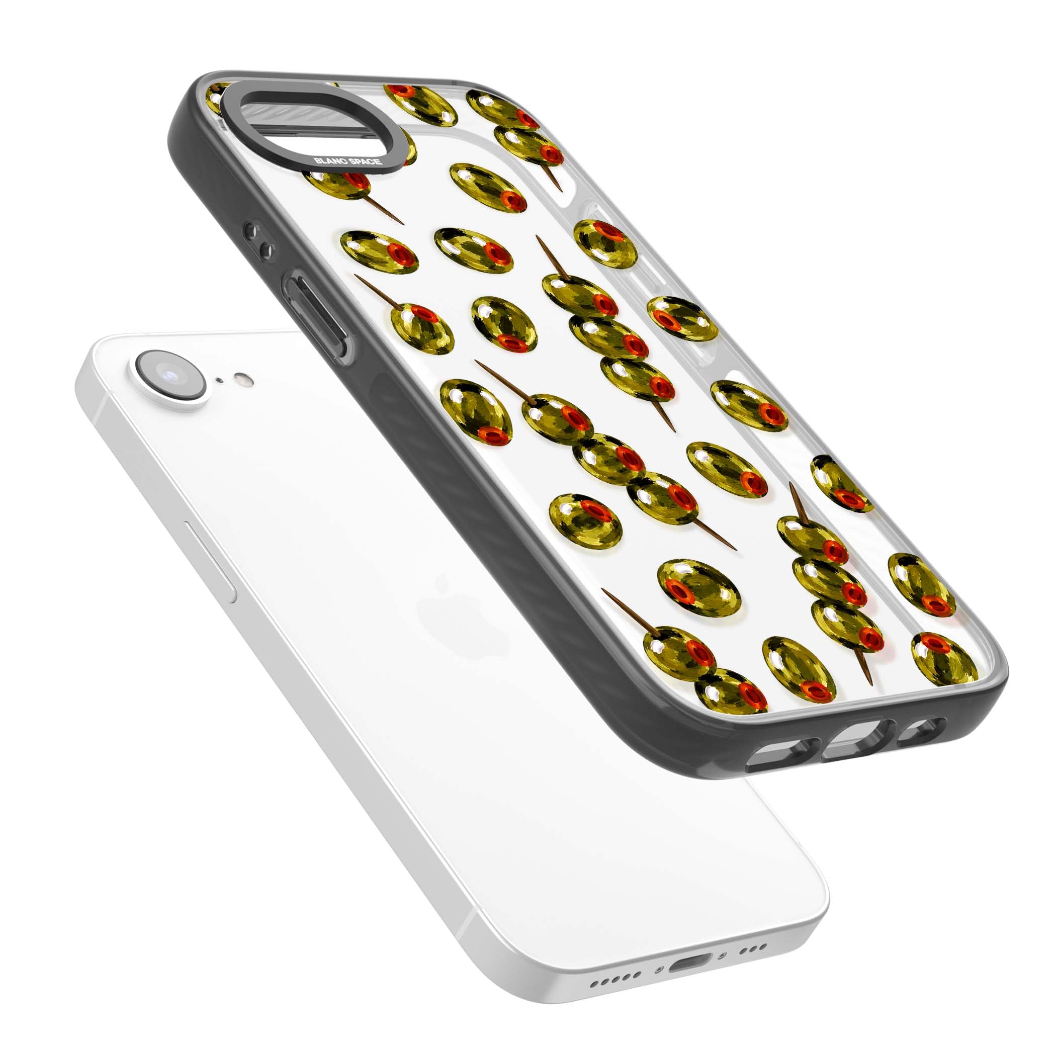 Painted Olives cocktail iPhone case featuring green olives, pimento centres and toothpick skewers on a clear background | Black Impact case for iPhone 16e, iPhone 17e