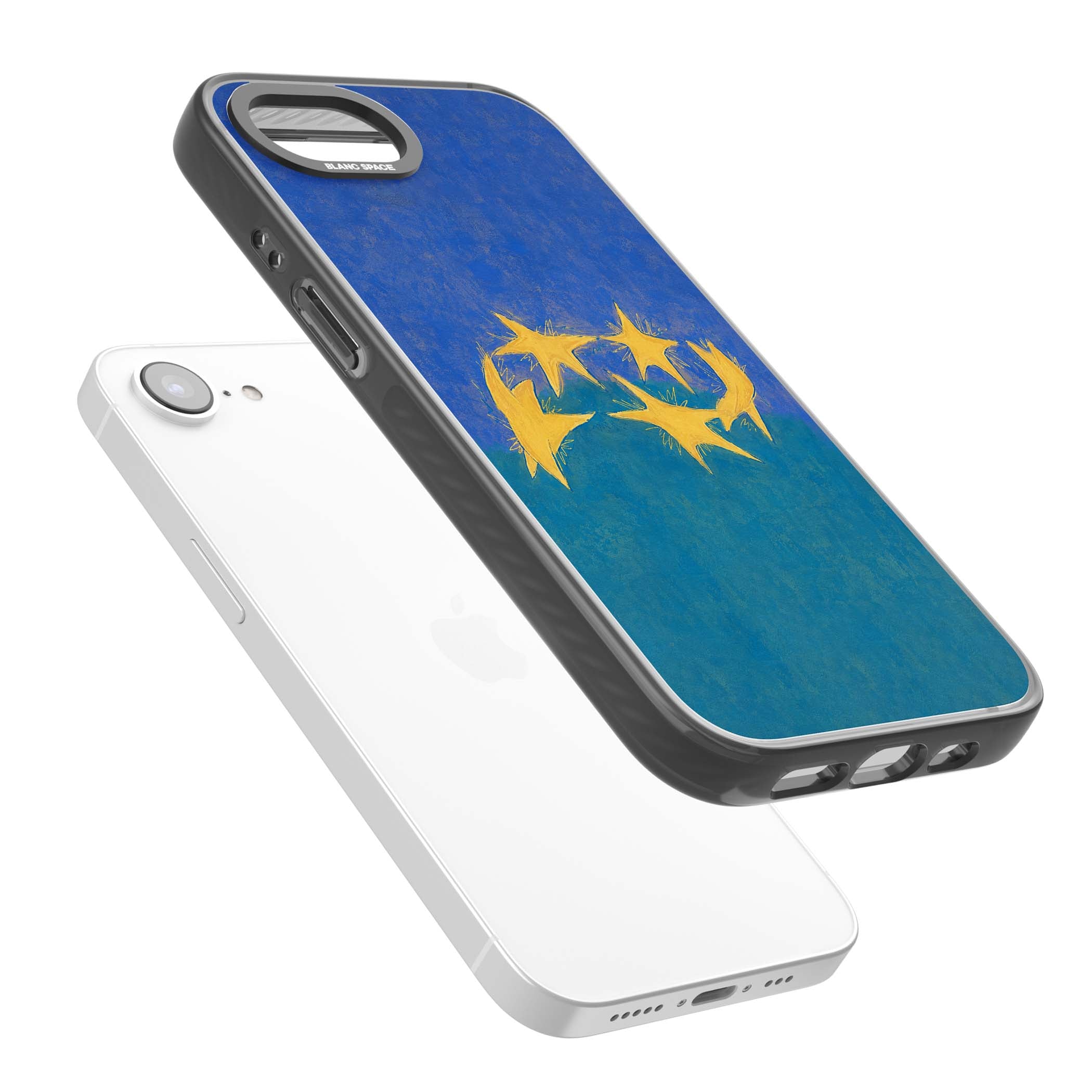 Star Boogie stars aesthetic iPhone case featuring five yellow hand-painted stars on cobalt blue and teal | Black Impact case for iPhone 16e, iPhone 17e