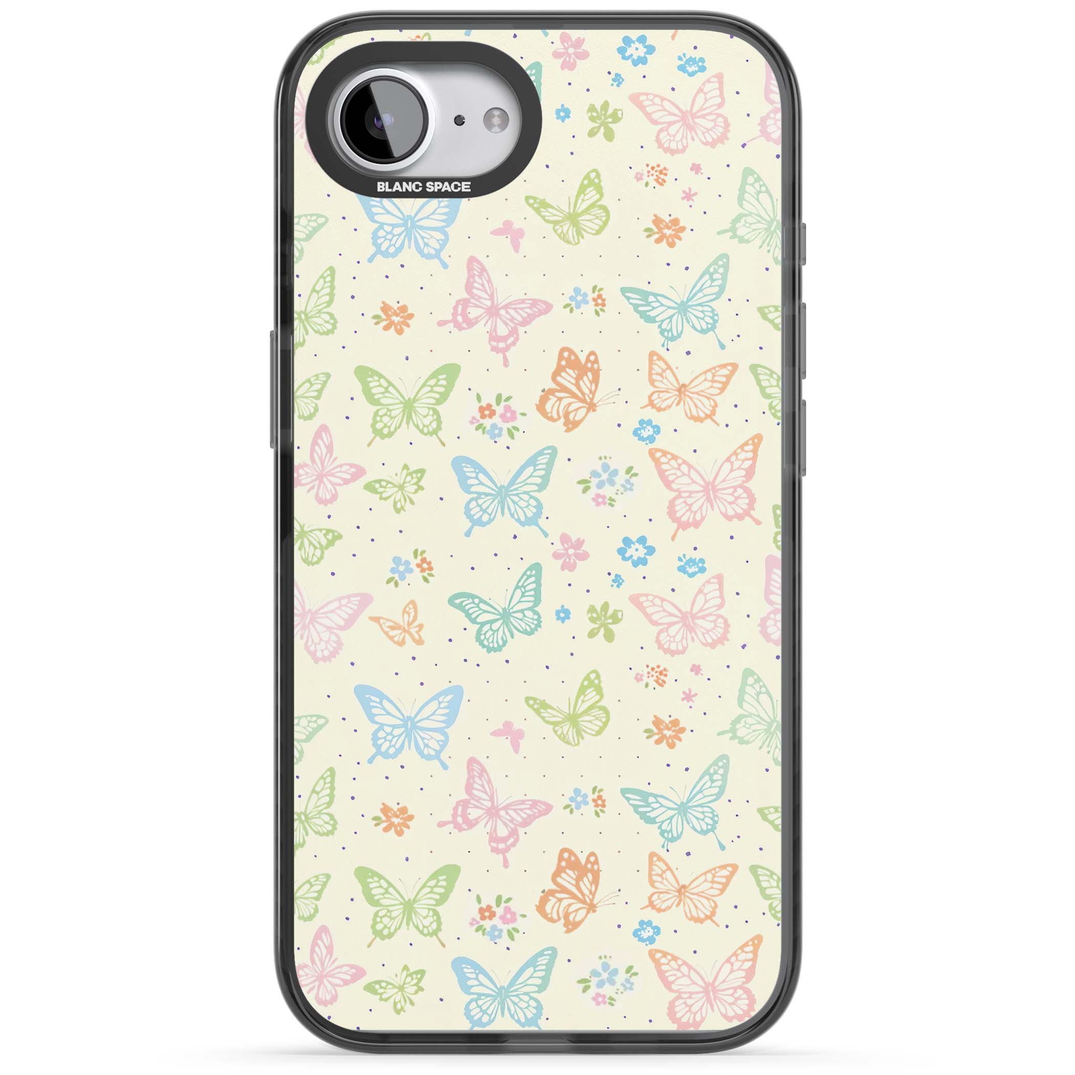 Sugar Wings cottagecore iPhone case featuring rainbow pastel butterflies, tiny wildflowers, and a cream background | Black Impact case for iPhone 16e, iPhone 17e